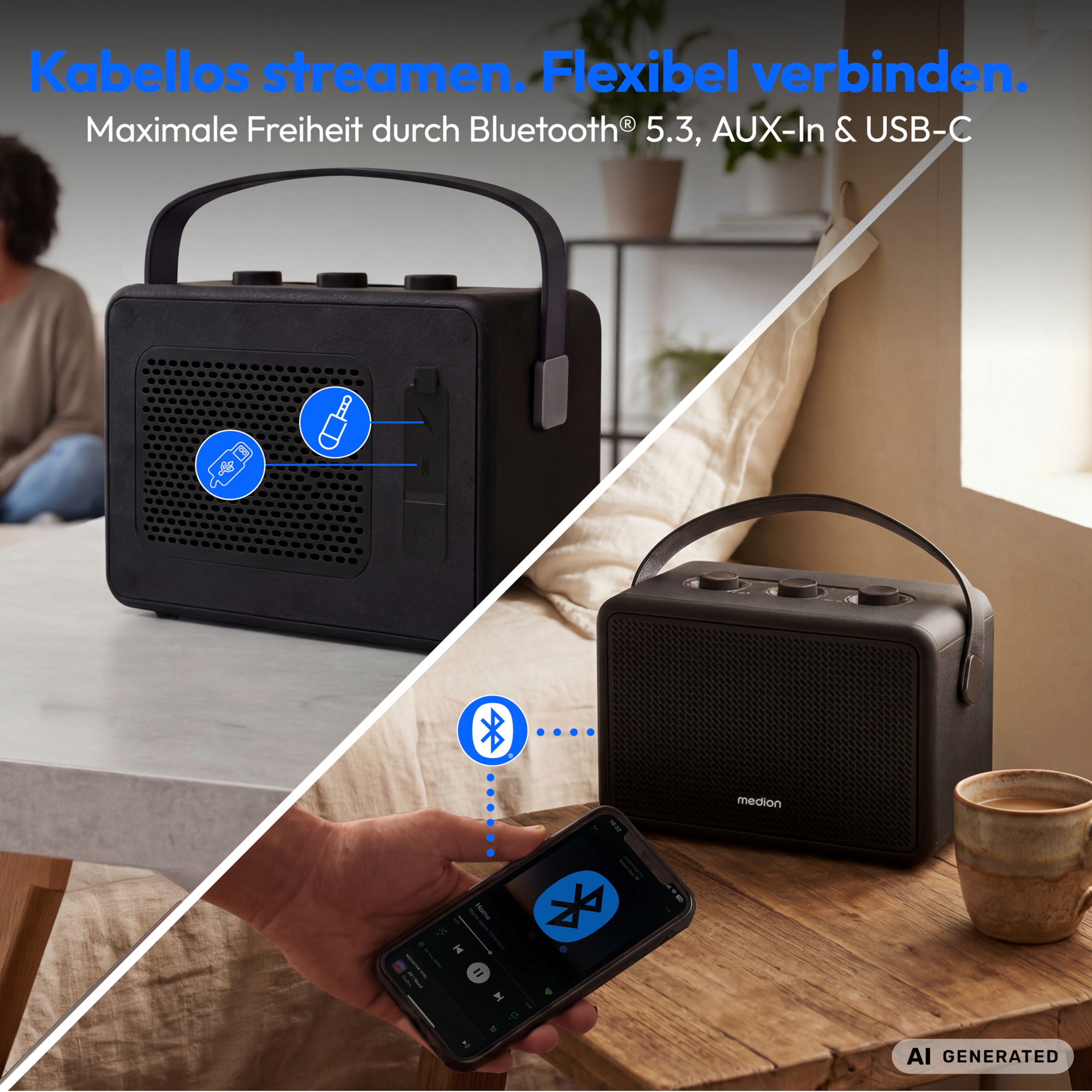 MEDION® LIFE BXO-1 Bluetooth® Lautsprecher schwarz, 2 x 15W RMS, integrierter Akku mit bis zu 15 Stunden Laufzeit, Bluetooth® 5.3, robustes & mobiles Design