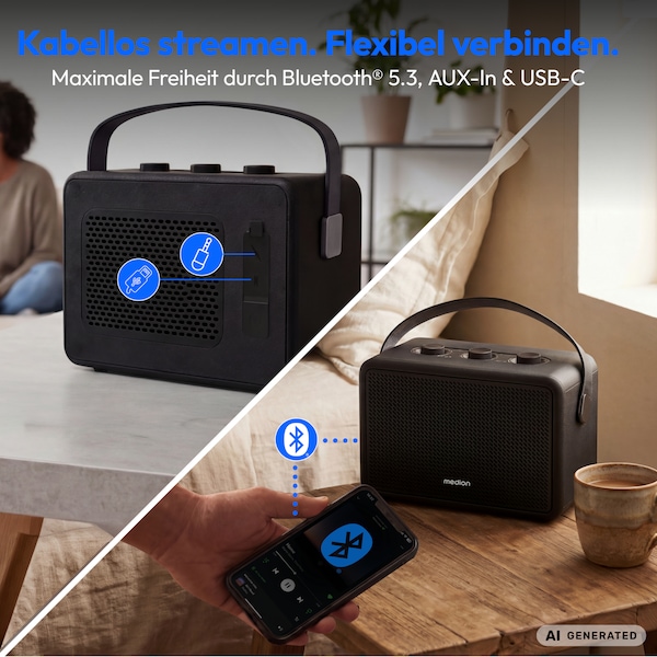 MEDION® LIFE BXO-1 Bluetooth® Lautsprecher schwarz, 2 x 15W RMS, integrierter Akku mit bis zu 15 Stunden Laufzeit, Bluetooth® 5.3, robustes & mobiles Design