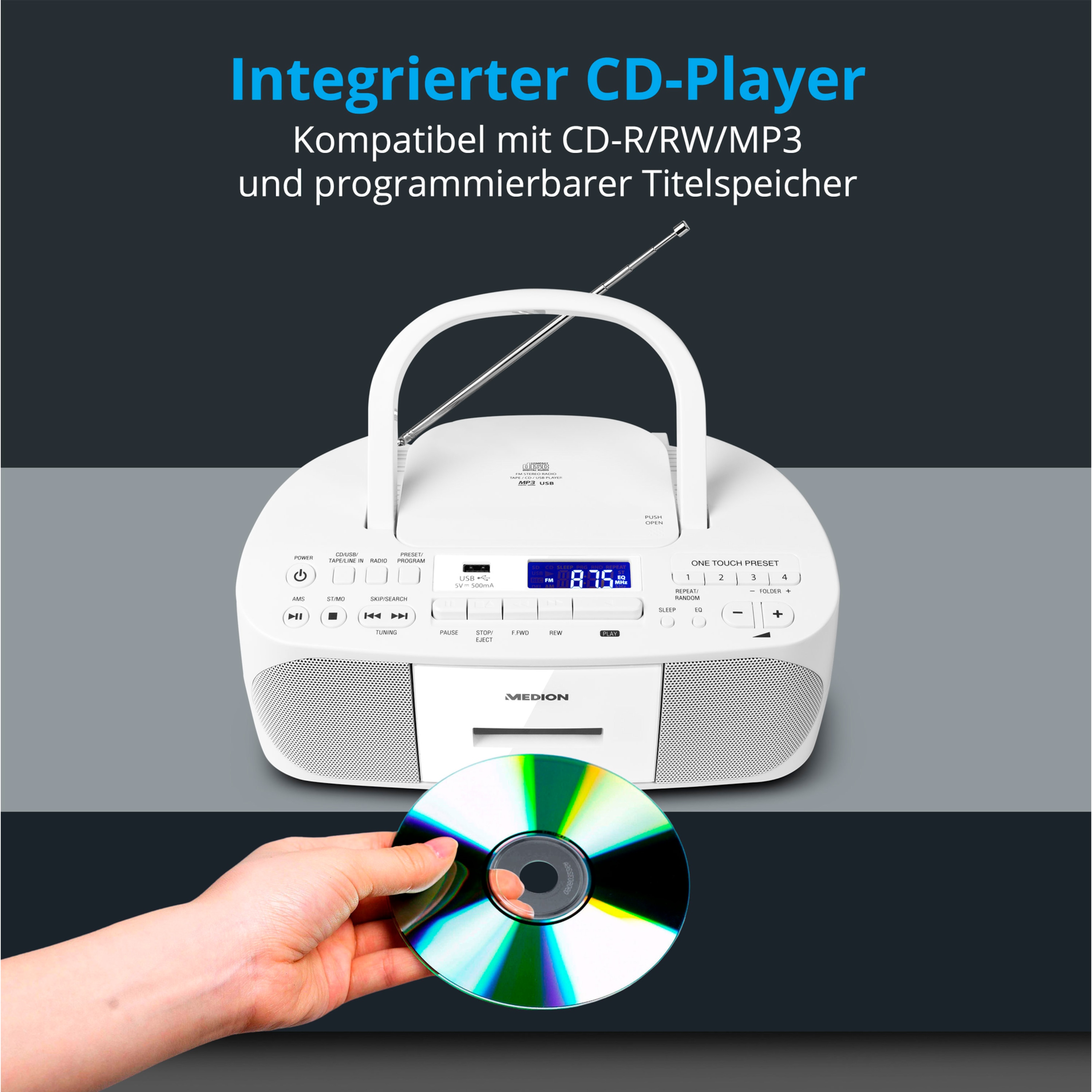 MEDION® LIFE® E64070, CD-Kassetten-Radio mit MP3-Wiedergabe, PLL-UKW Radio, USB Anschluss, CD-R/RW kompatibel, AUX, 2 x 30 W max. Musikausgangsleistung
