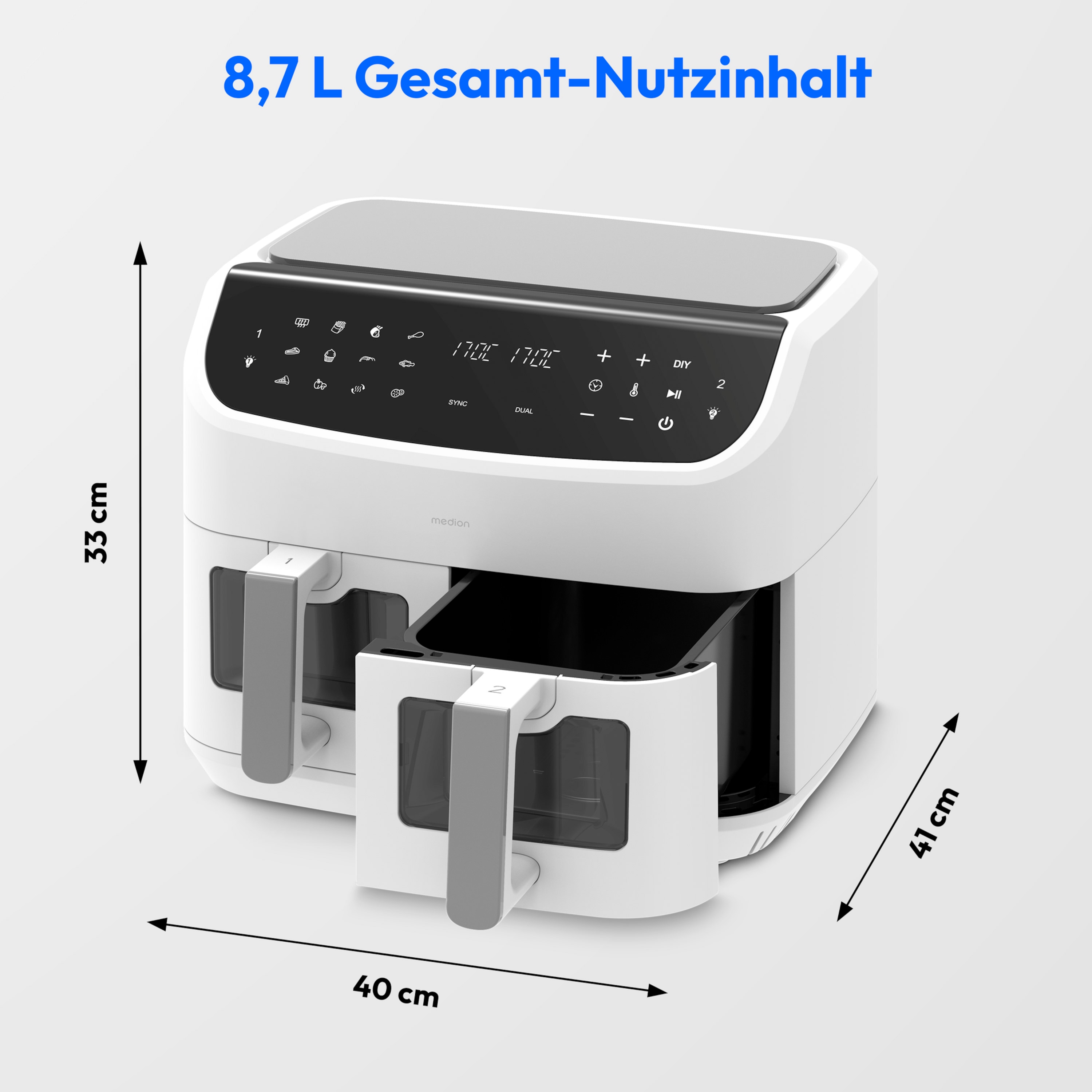 MEDION® LIFE® P20 XXL Twin Matt Doppelzonen-Heißluftfritteuse MD11760, 100 Rezepte in der Life+ App, 2 separate Garzonen, 9 Automatikprogramme, 8,7 L Gesamt-Nutzinhalt, 2.600 Watt, Temperatur einstellbar bis 200 °C