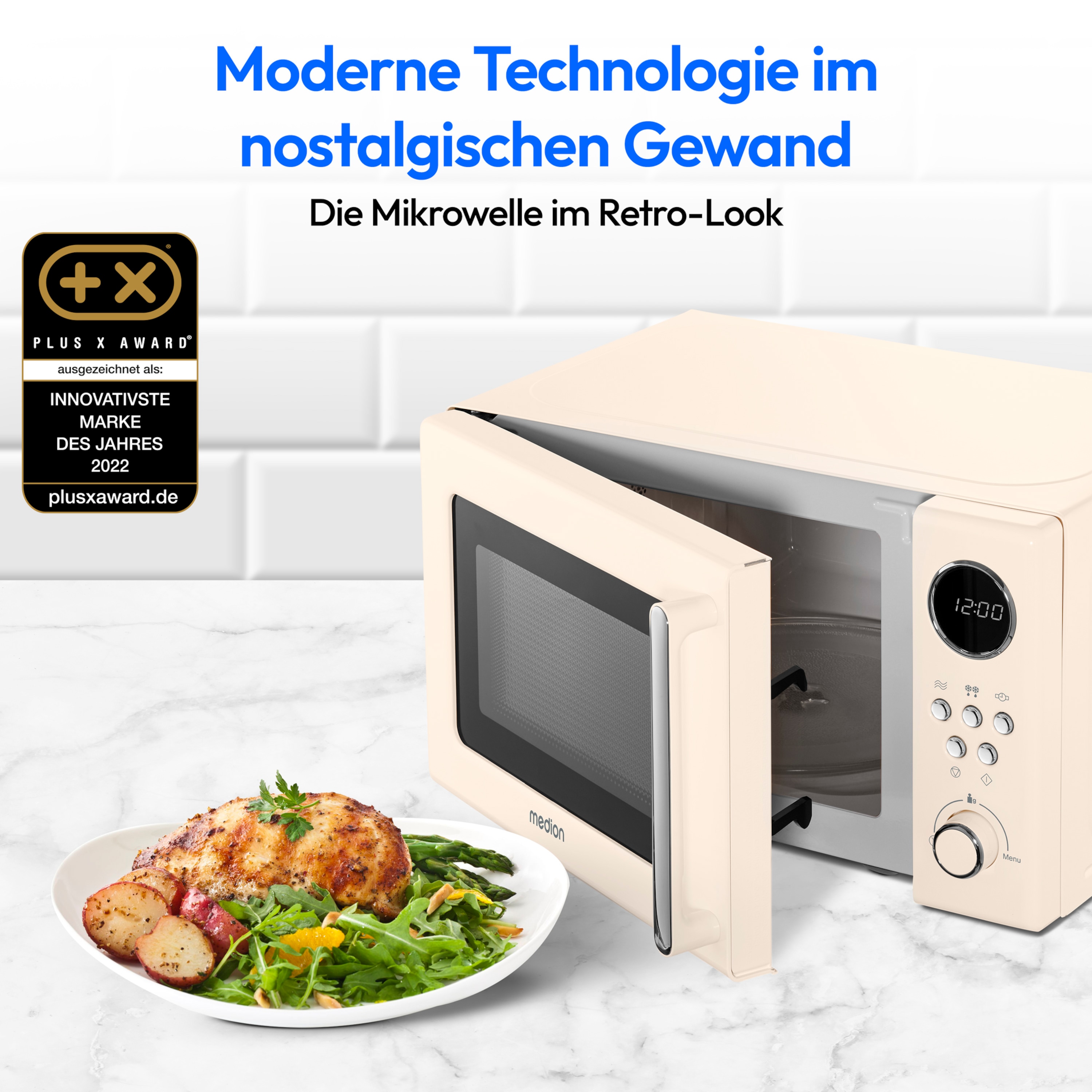 MEDION® LIFE® Retro-Mikrowelle MD 15000, 800 W Leistung, 20 L kompakt, 5 Mikrowellenstufen, Auftaufunktion, Timerfunktion, stilvolles Retro-Design