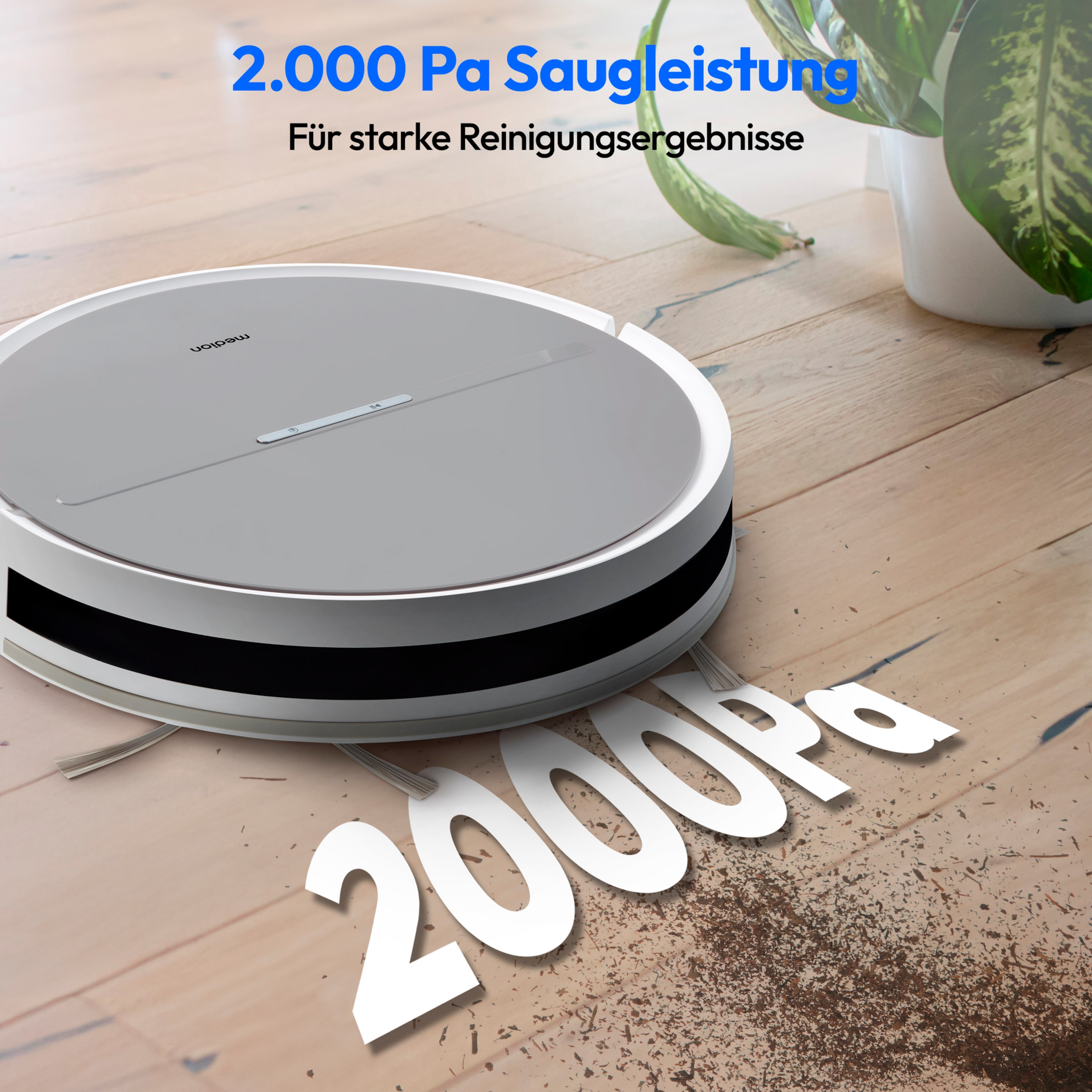 MEDION® E35 Saugroboter, Systematische Reinigung in S-Linien, 2.000 Pa Saugkraft, 120 Minuten Laufzeit, inkl. Fernbedienung