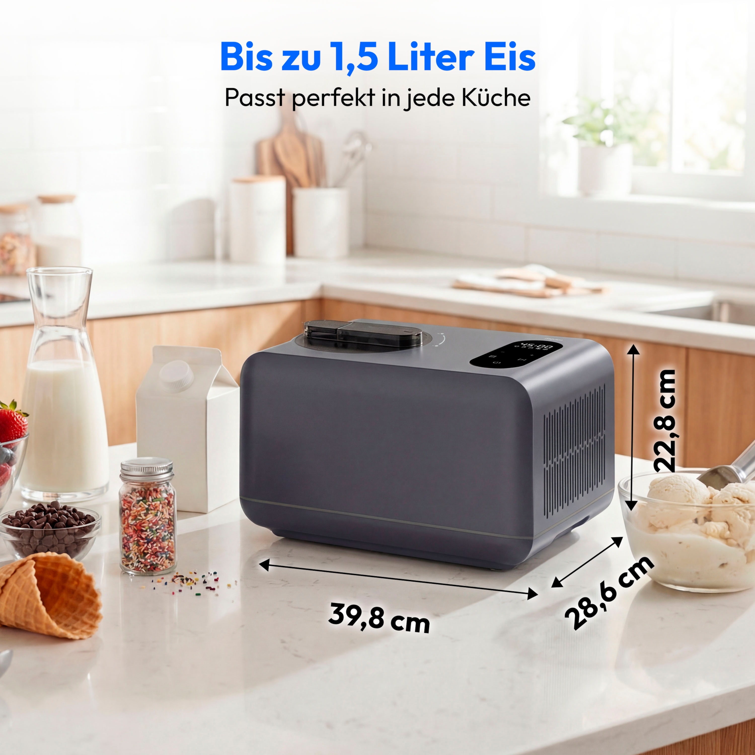 MEDION® LIFE Eismaschine MD 100087, Kapazität für 1,5 L Eis, kein Vorkühlen notwendig, LED-Display mit Sensor-Touch, mit Programmen für Eiscreme, Slush und Joghurt