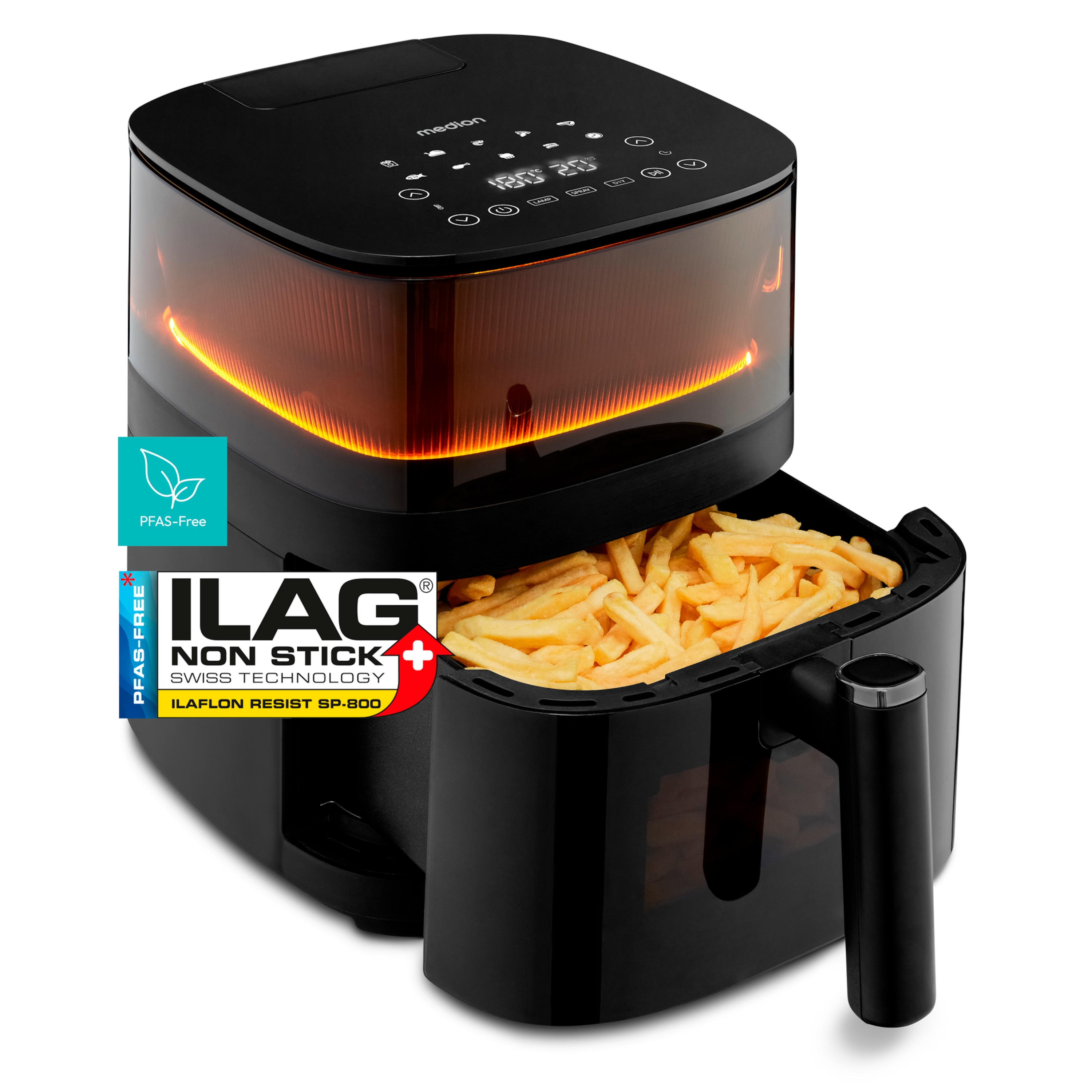 MEDION® LIFE® X10 XL Heißluftfritteuse MD 11780, 100 Rezepte in der Life+ App, innovative Wassersprayfunktion, 10 Automatikprogramme, ca. 5 L Korbvolumen, Temperatur einstellbar bis 230 °C