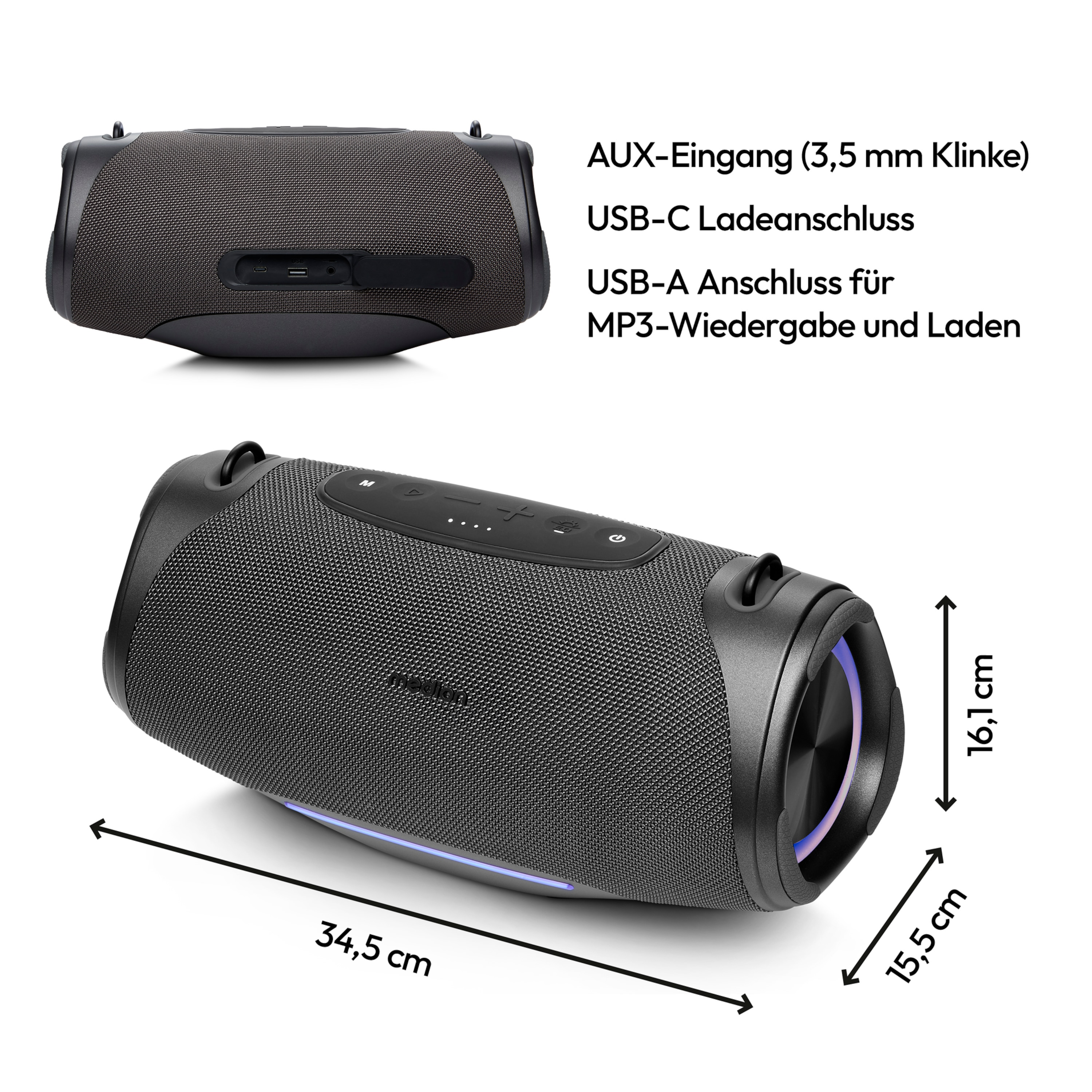 MEDION® LIFE® P61762 Tragbarer Bluetooth® Lautsprecher L, Dual Illuminated & Lightstrip (RGB-Lichteffekte), Bluetooth® 5.3, integrierter Akku mit bis zu 47 Stunden Laufzeit, robustes & mobiles Design, 2 x 25 W RMS