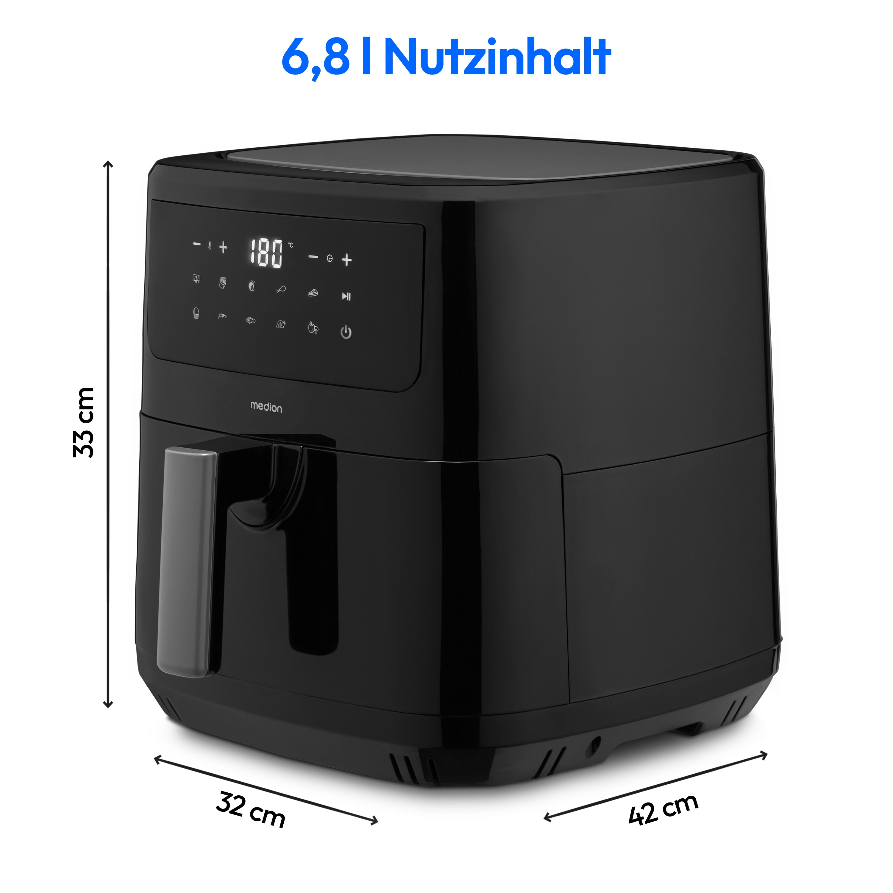 MEDION® LIFE® P10 XL Duo Heißluftfritteuse MD 11750 schwarz, 100 Rezepte in der Life+ App, mit 2 Heizelementen, 2.150 W Gesamtleistung, ölfreies Frittieren, 9 Automatikprogramme, 6,8 L Nutzinhalt