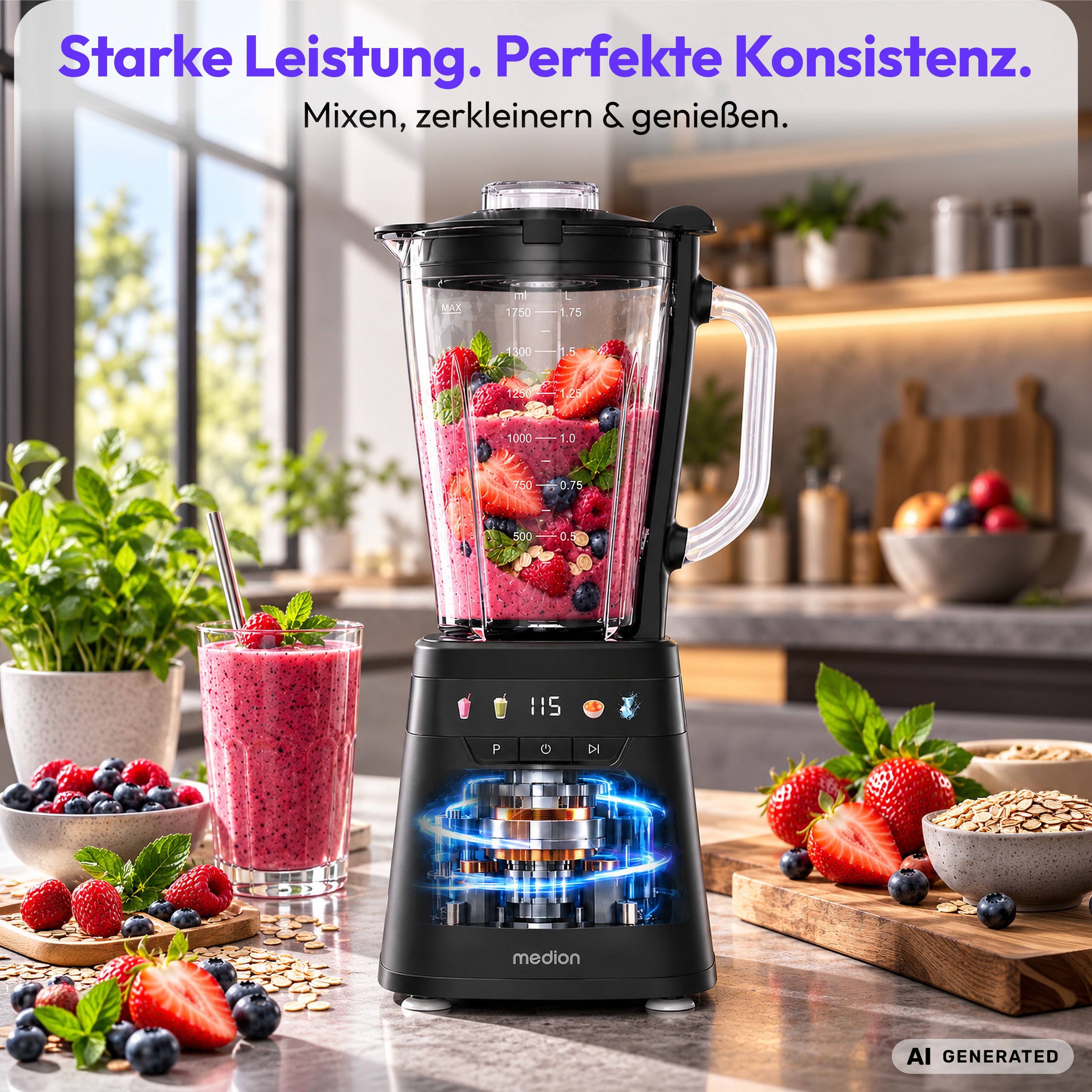 MEDION® LIFE® Standmixer MD 100105, 900 Watt (neue GS Norm), 1,75 Liter Glasbehälter, 4 Automatikprogramme, LED-Display, stufenlose Geschwindigkeitsregelung, To-go-Flasche