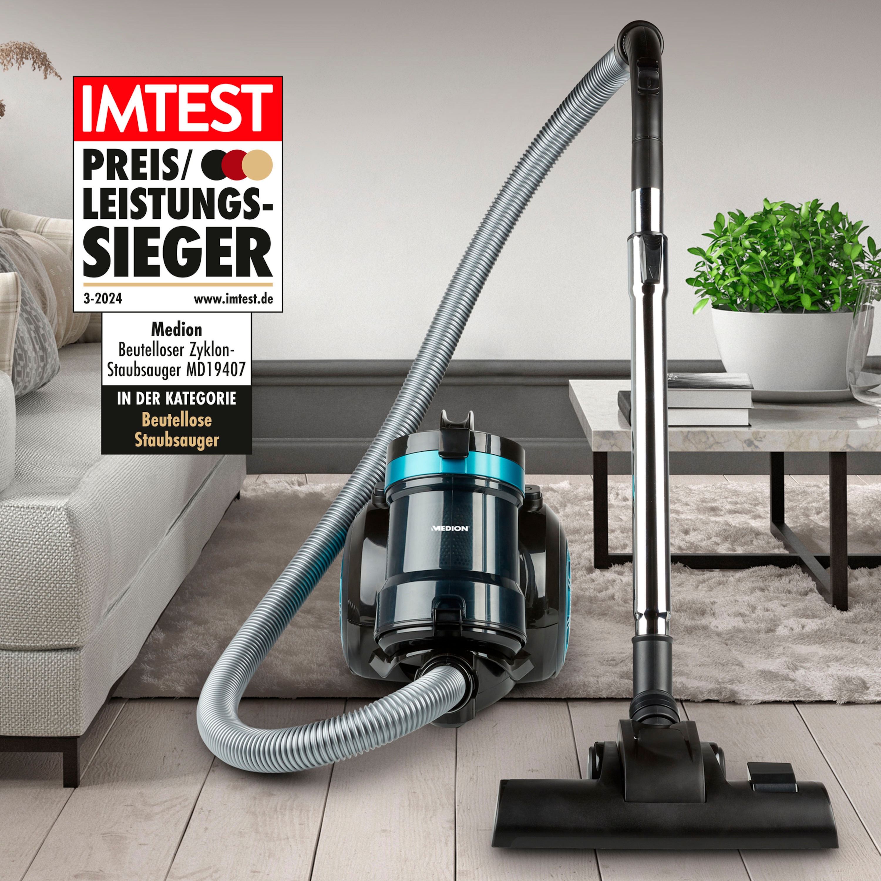 MEDION® Beutelloser Zyklon-Staubsauger MD 19407, 150W Saugleistung, Staubbehälterkapazität 2 L, EPA Filter, integriertes Zubehör