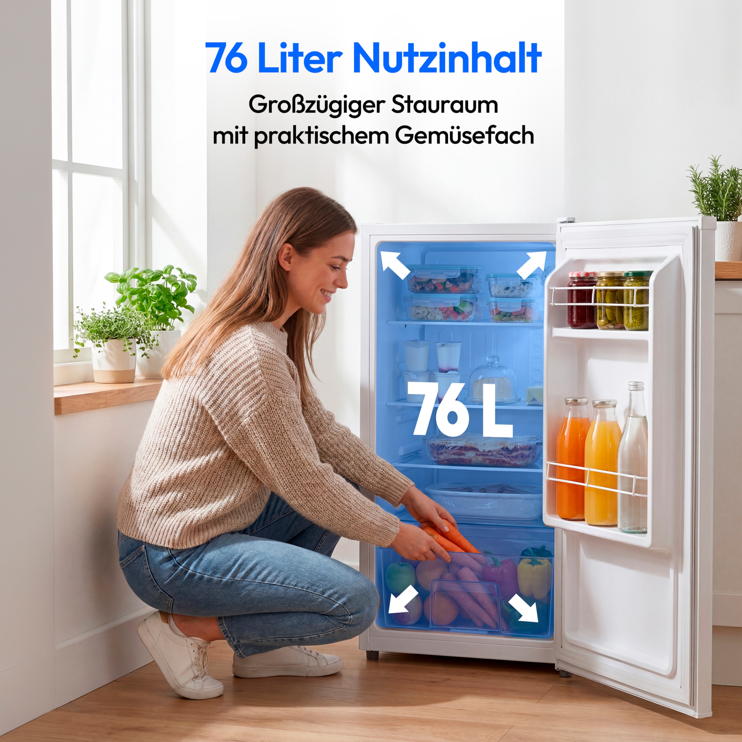 MEDION® LIFE Kühlschrank MD370009, 76 L Nutzinhalt, 3 Ablagen & 2 Türfächer, temperaturregulierbar (0–8 °C), wechselbarer Türanschlag, Energieklasse E