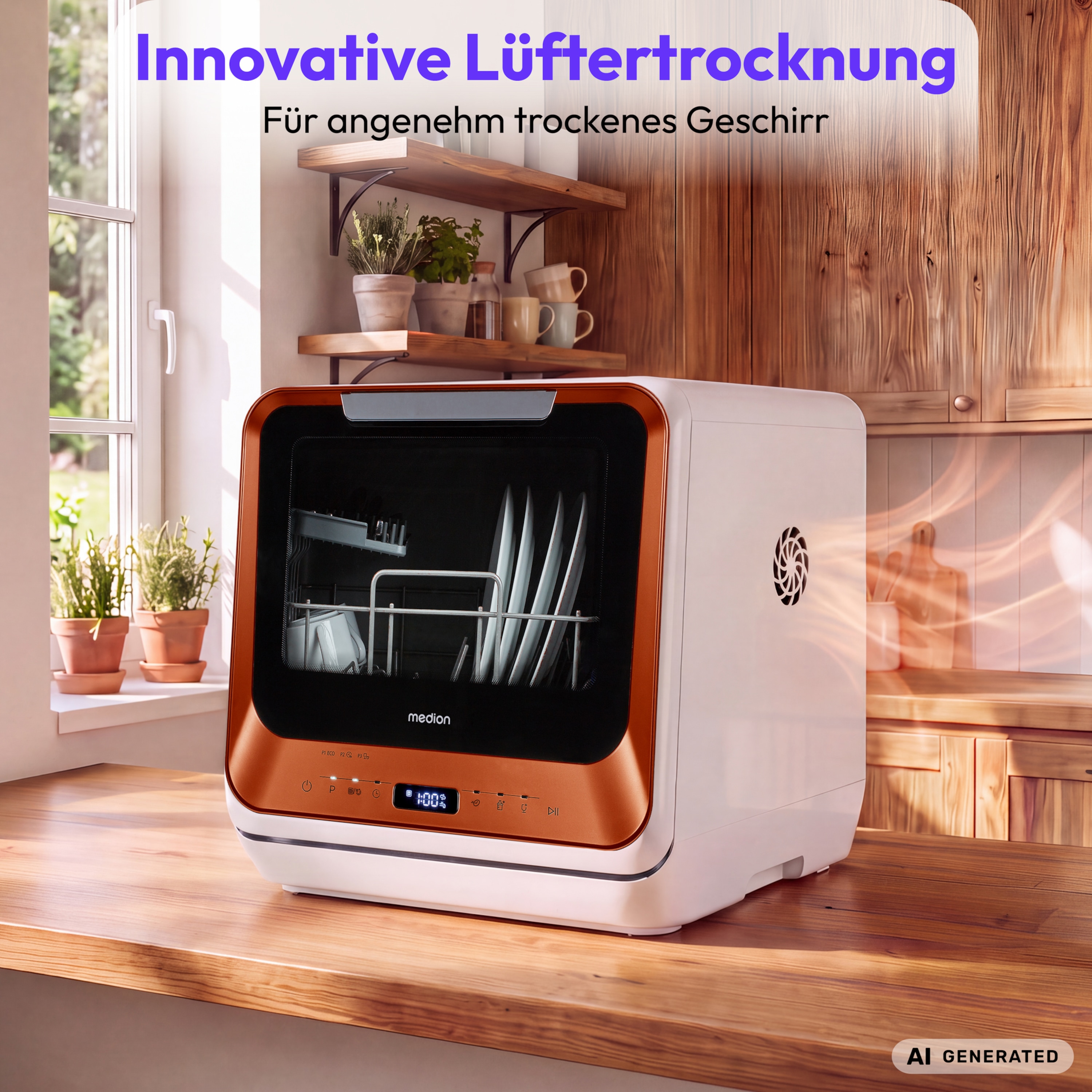 MEDION® LIFE Mini-Geschirrspüler DWT20 (MD37763) bronze, für 2 Gedecke, 6 Reinigungsprogramme, Startzeitvorwahl