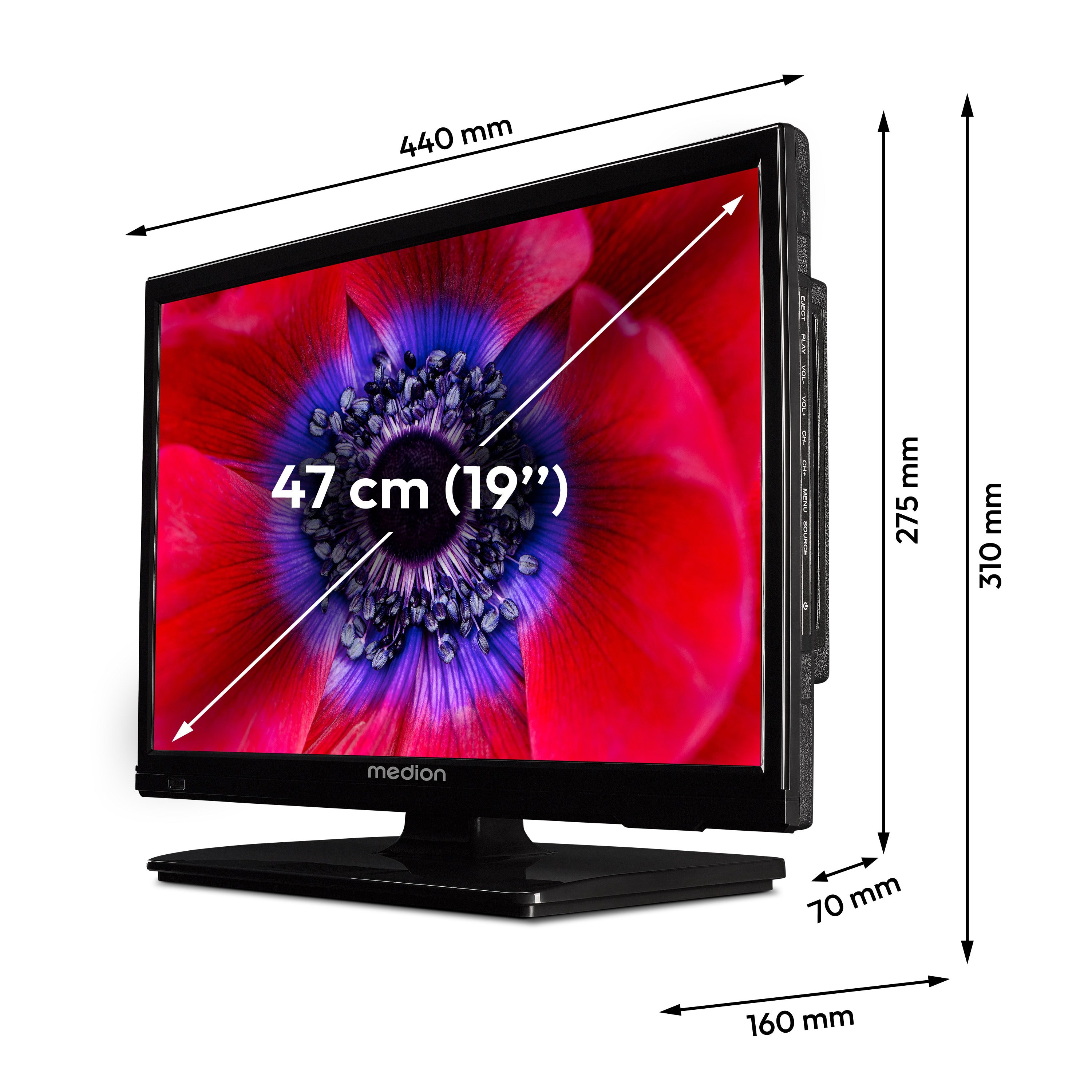 MEDION® LIFE E8192501 (MD 819001) Fernseher, 47 cm (19'') LCD-TV, HD Triple Tuner, integrierter DVD-Player, Car-Adapter, CI+ Schnittstelle