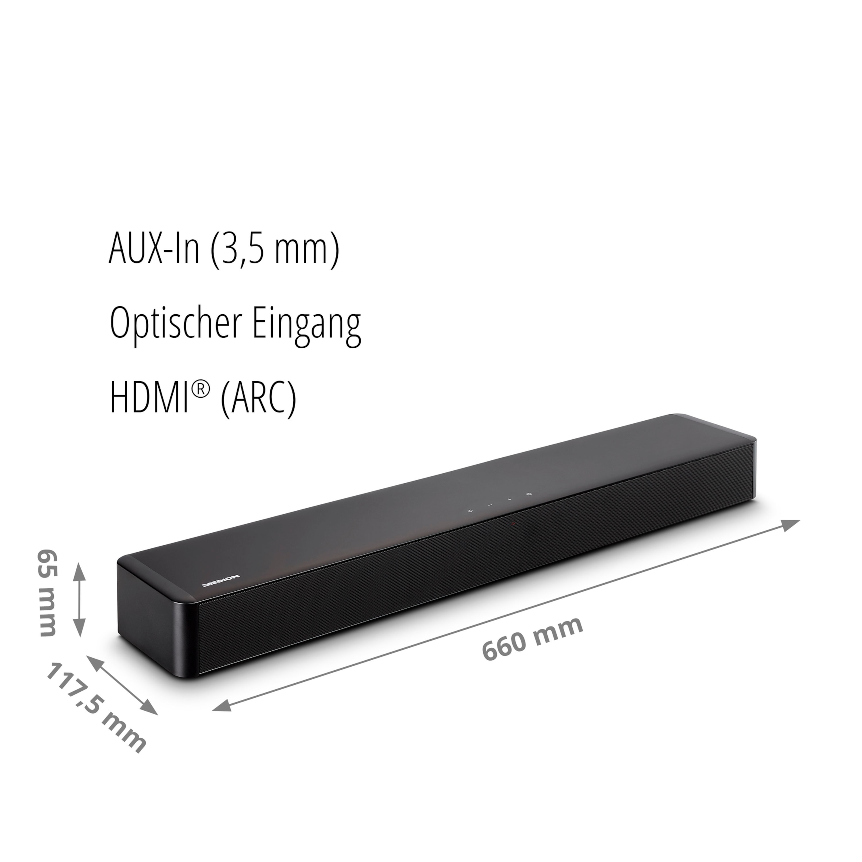 MEDION® LIFE® P61155 2.0 Soundbar, ideale Ergänzung zum TV bzw. Heimkino, kabellose Musikübertragung von Smartphone & Co via Bluetooth® 5.1, kompakte Soundbar mit Touch- & Fernbedienung