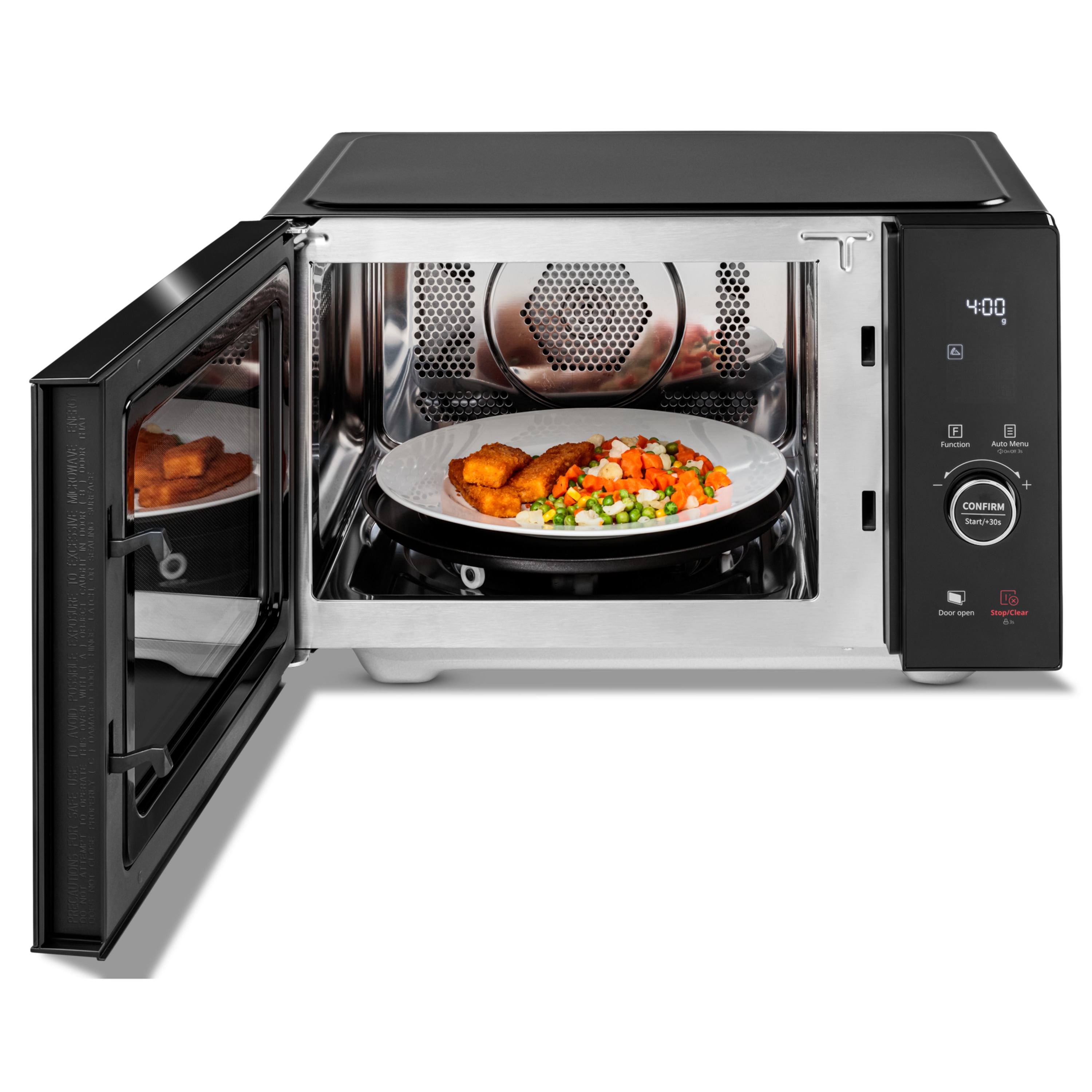 MEDION® LIFE® 4 in 1 Mikrowelle MD12041, 900 Watt Mikrowellenleistung, 1100 W Obergrillleistung, 500 W Untergrilleistung, 2100 W Heißluftfunktion, 2 Heizelemente, Sensor-Touch-Türöffnung, 11 Automatikprogramme, 25 L Kapazität, 10 Leistungsstufen