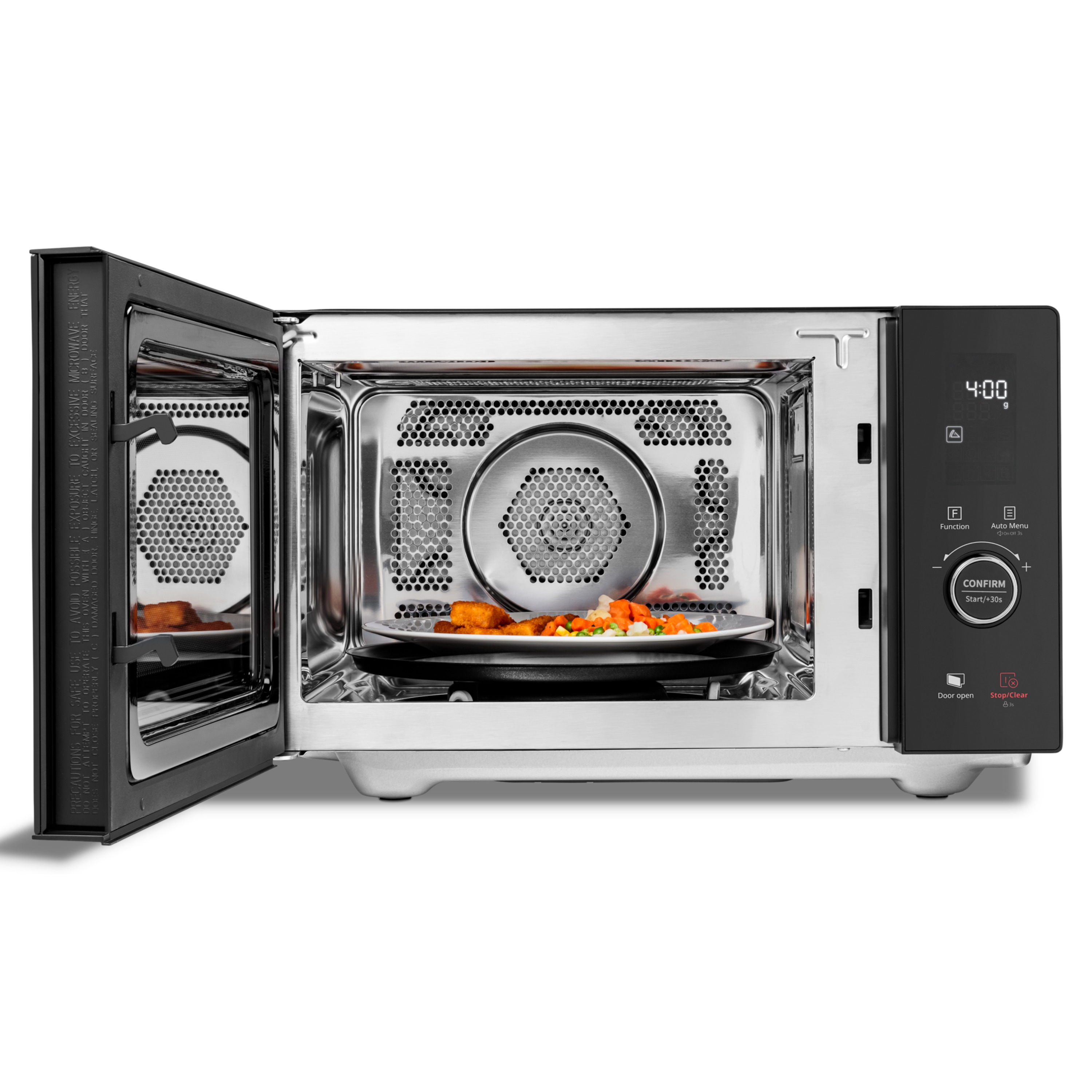 MEDION® LIFE® 4 in 1 Mikrowelle MD12041, 900 Watt Mikrowellenleistung, 1100 W Obergrillleistung, 500 W Untergrilleistung, 2100 W Heißluftfunktion, 2 Heizelemente, Sensor-Touch-Türöffnung, 11 Automatikprogramme, 25 L Kapazität, 10 Leistungsstufen