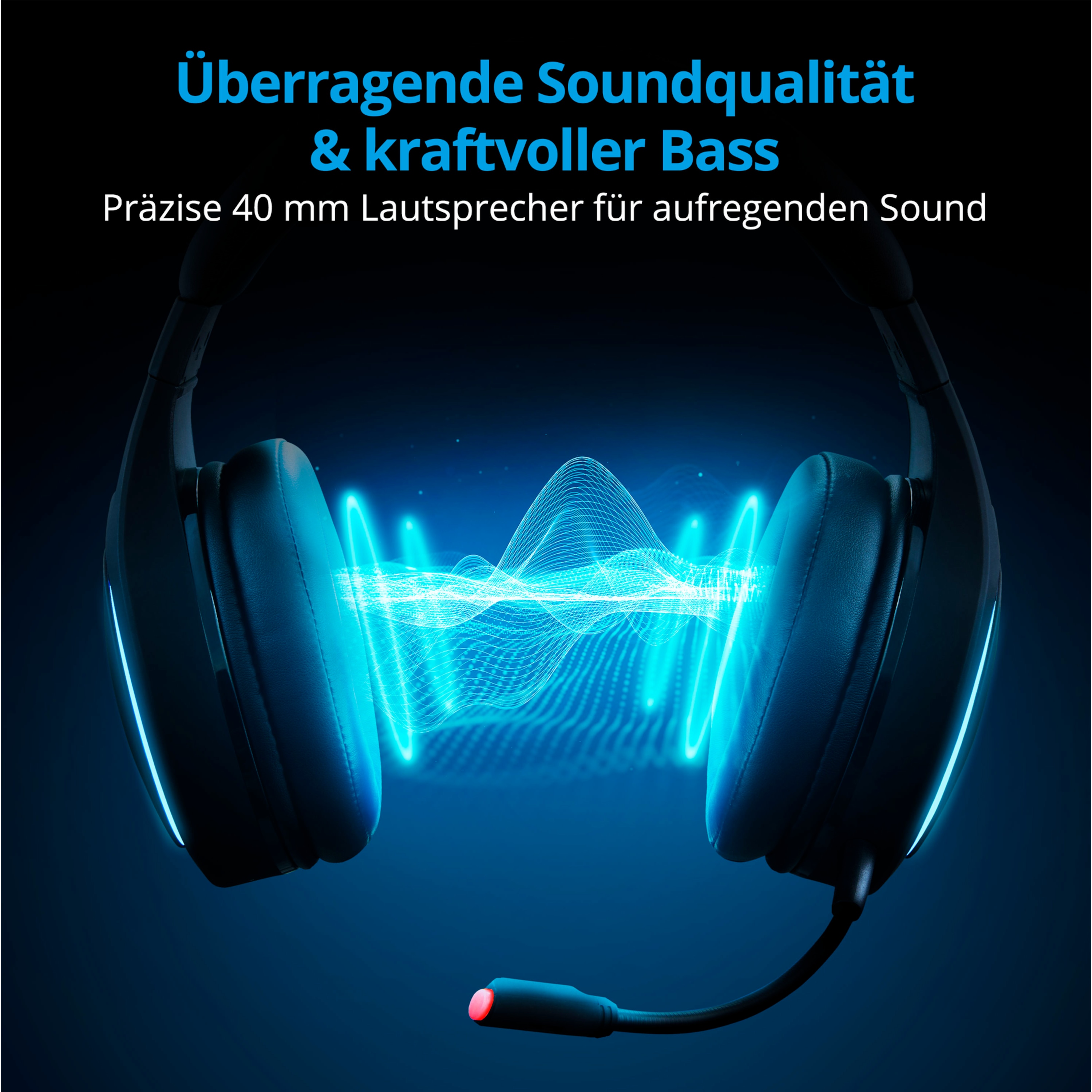 MEDION® ERAZER® Mage X10, Wireless Gaming Headset, klasse Klangqualität, flexibles & abnehmbares Mikrofon, RGB, Kabelbedienelement, bis zu 12 Stunden Laufzeit, kabellos (PC & PS5®) oder kabelgebunden