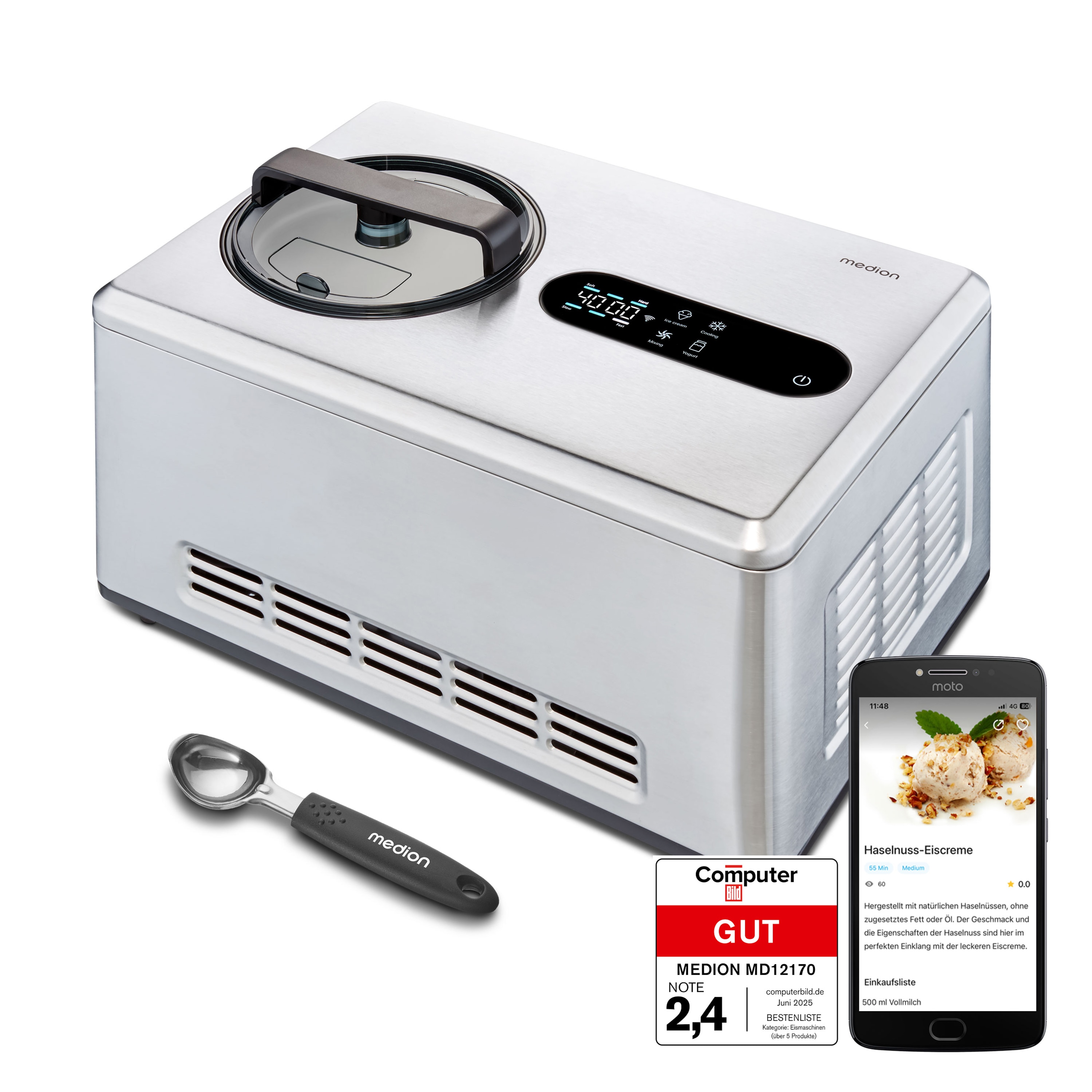 MEDION Smarte Speiseeismaschine MD 12170, Smartphonesteuerung, Kapazität für 2 Liter Eis, HD LED-Display, herausnehmbarer Edelstahl-Eisbehälter