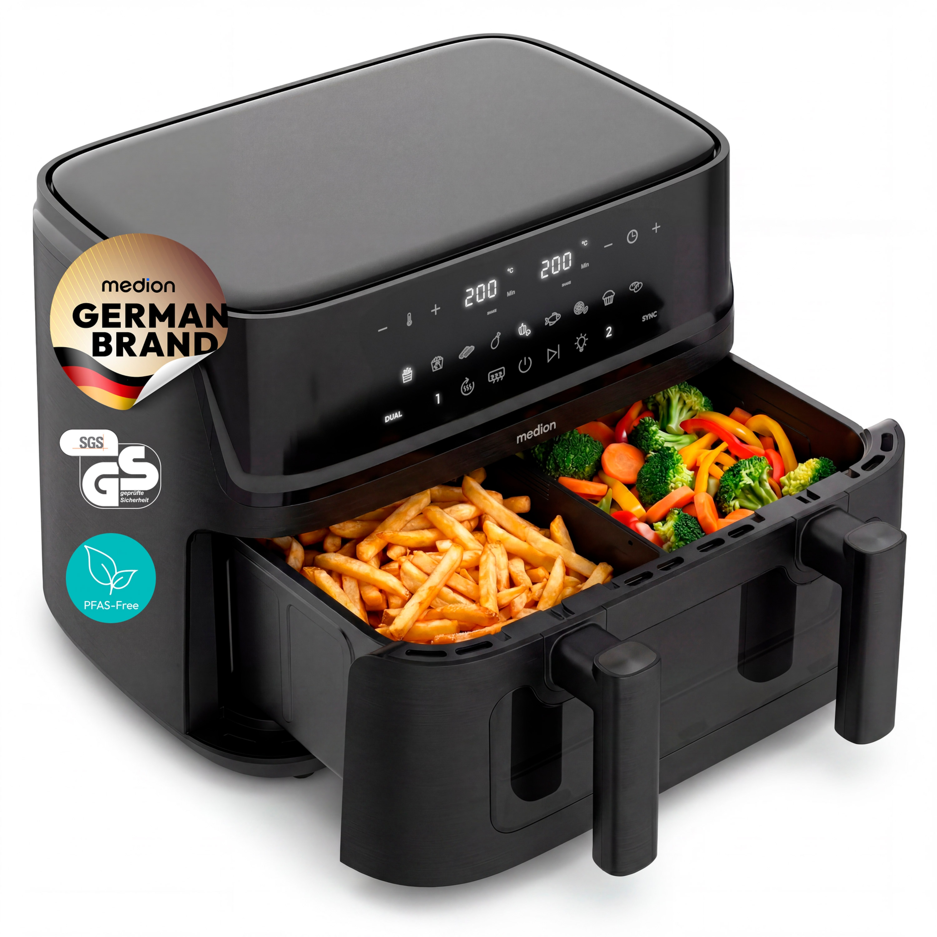 MEDION® LIFE® P25 XXL Flex M Heißluftfritteuse MD100057 schwarz, 100 Rezepte in der Life+ App, 2 separate Garzonen, 10 Automatikprogramme, 10,8 L Gesamt-Nutzinhalt, 3.040 Watt, Temperatur einstellbar bis 200 °C