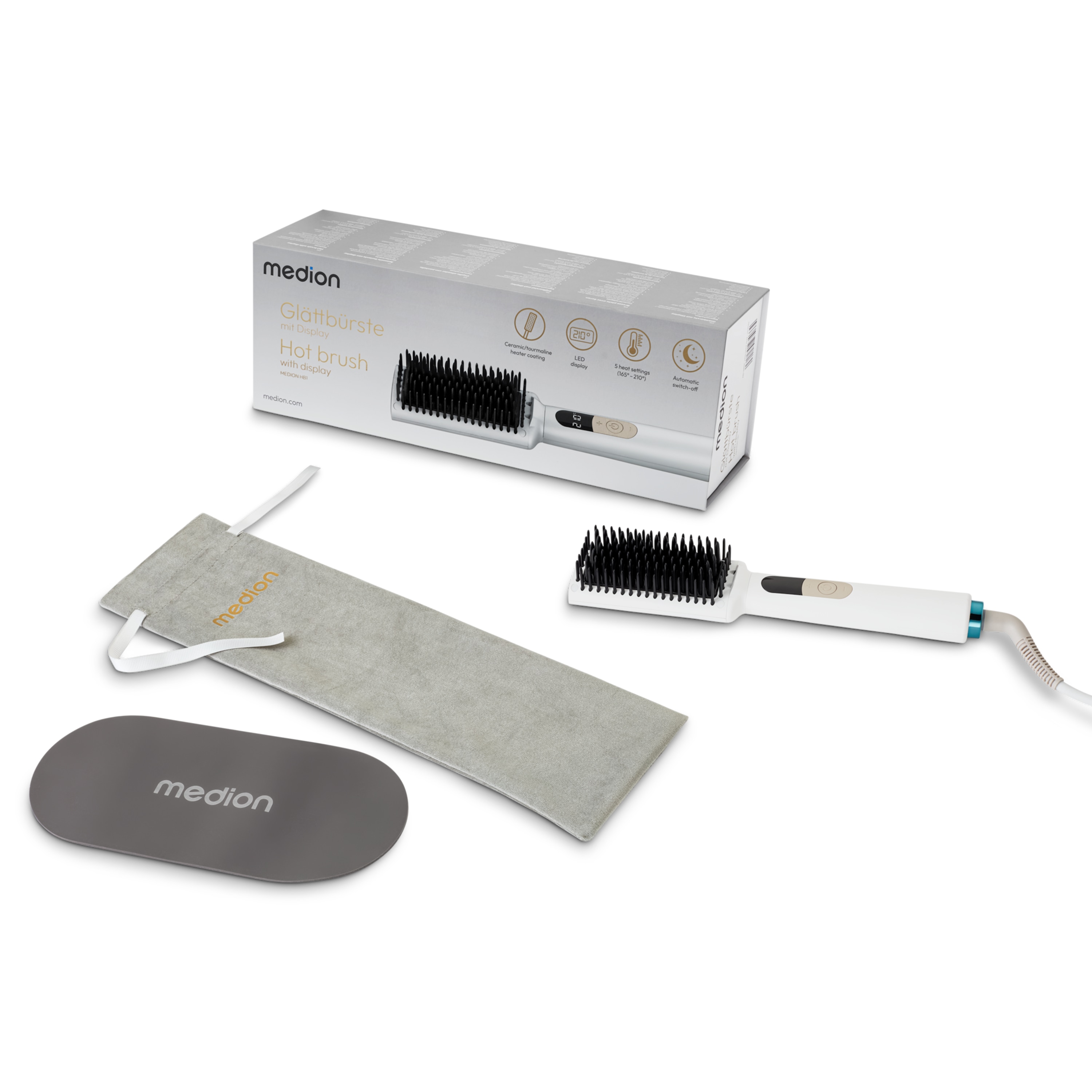 MEDION® LIFE HB1 Glättbürste, Keramik-/Turmalin beschichtete Heizelemente, Display mit Temperaturanzeige, 5 regelbare Hitzestufen (165° - 210°), Ionen-Technologie
