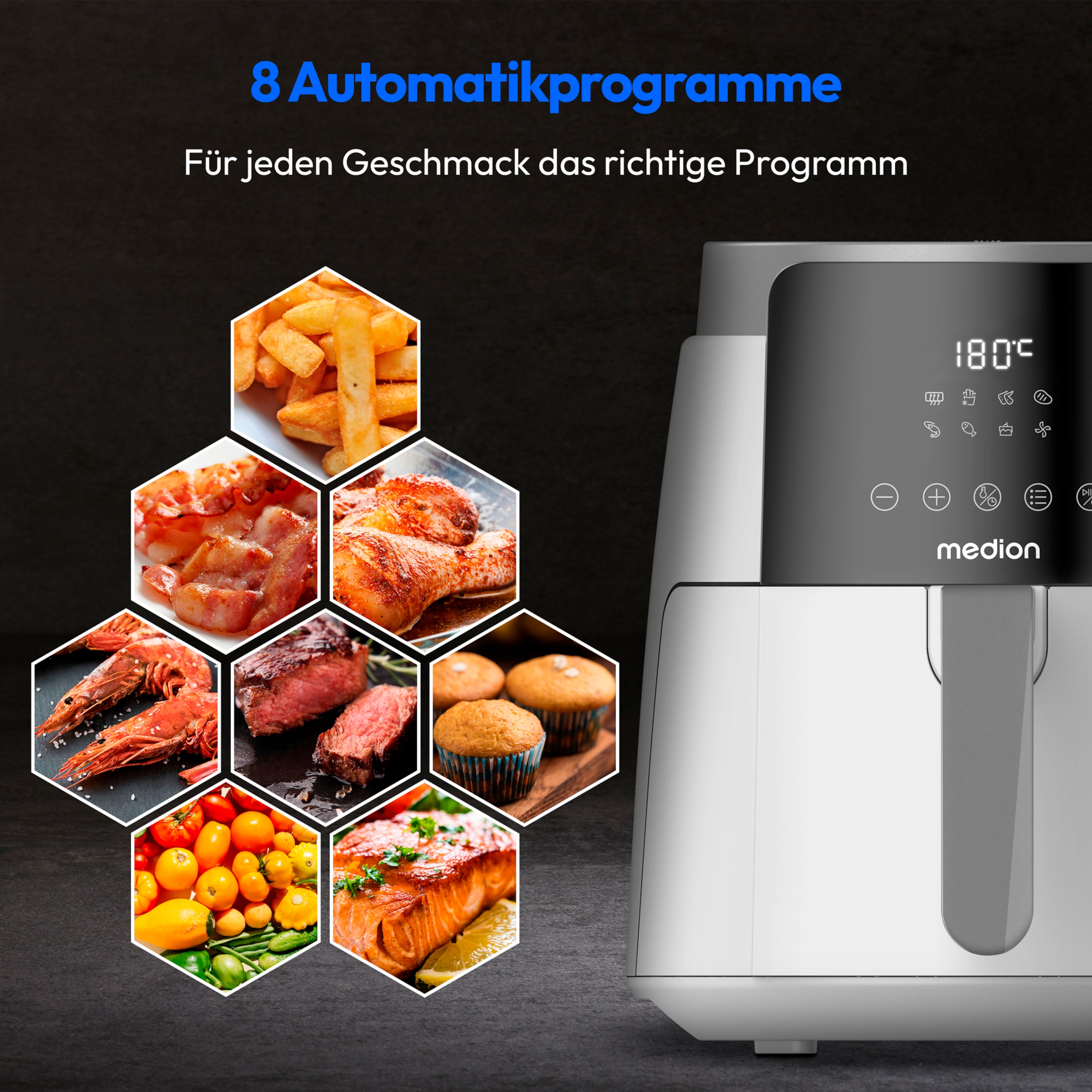 MEDION® LIFE HeißluftFritteuse P40 L (MD13030), 100 Rezepte in der Life+ App¹, Touch-Sensor- Bedienfeld, 4,7 Liter Fassungsvermögen, 8 Automatikprogramme,1.500 Watt, 60 min. Timer, 100