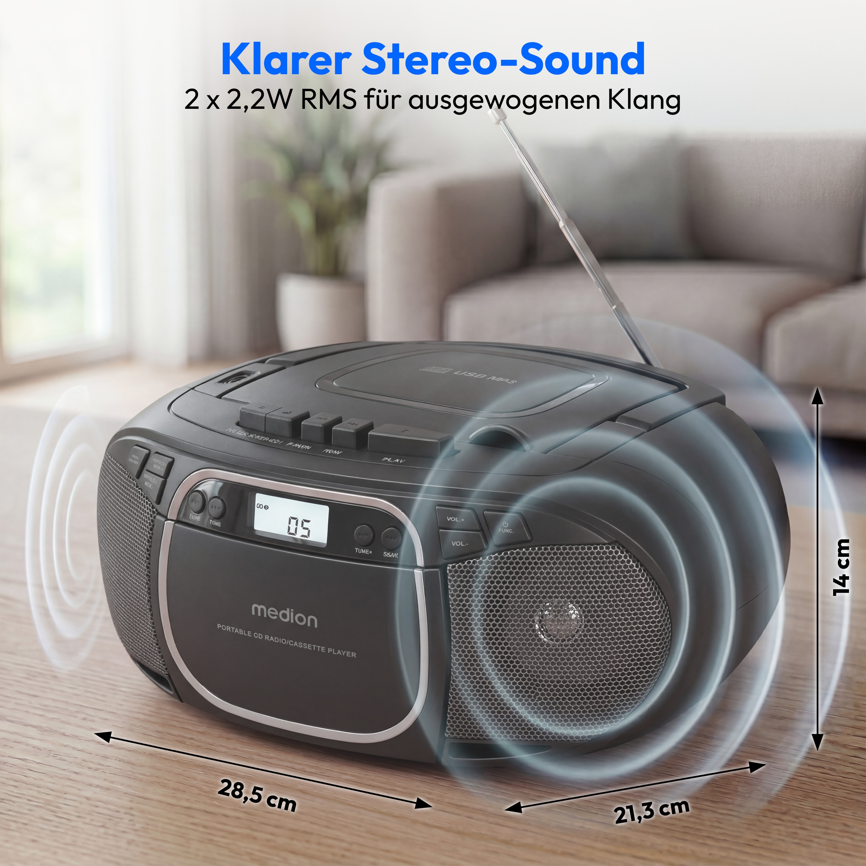 MEDION® LIFE E66476 Tragbare CD-Boombox, CD-Player, Kassettendeck, FM-Radio, USB-MP3-Wiedergabe, 30 Senderspeicher, Batteriebetrieb