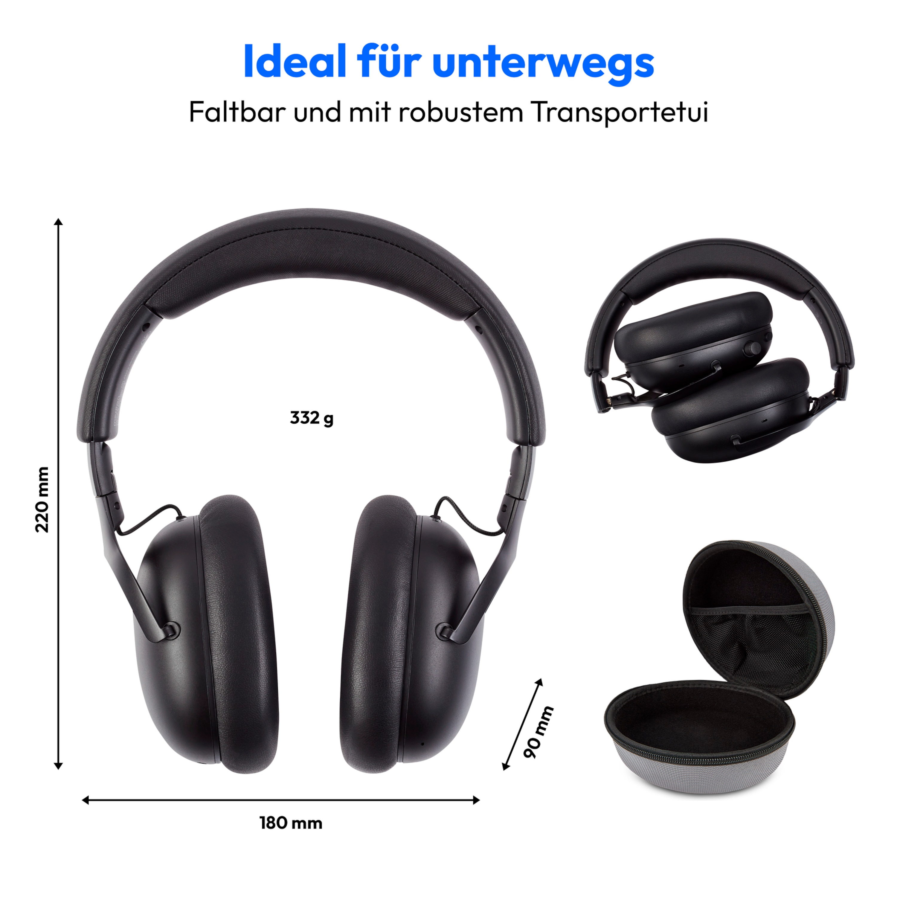 MEDION® Over Ear-Kopfhörer LIFE HX-1 Plus schwarz, bis zu 100 Stunden Akkulaufzeit, 5 EQ-Presets + 1 App-Preset, Feed Forward Noise Cancelling, Bluetooth® 6.0 wireless technology, IPX4 Spritzwasserschutz