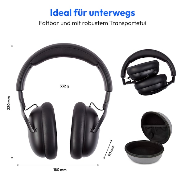 MEDION® Over Ear-Kopfhörer LIFE HX-1 Plus schwarz, bis zu 100 Stunden Akkulaufzeit, 5 EQ-Presets + 1 App-Preset, Feed Forward Noise Cancelling, Bluetooth® 6.0 wireless technology, IPX4 Spritzwasserschutz