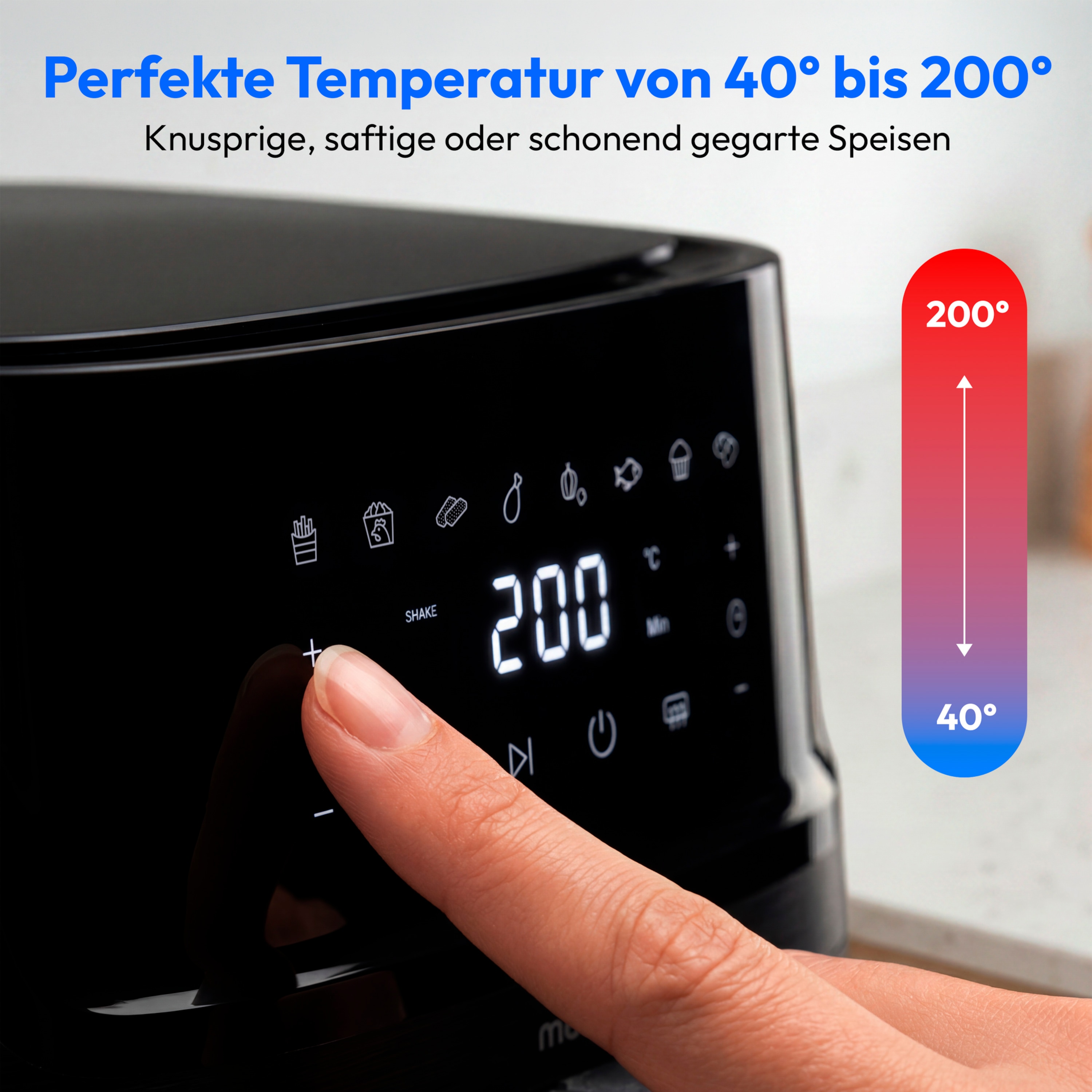 MEDION® LIFE Heißluftfritteuse MD100056, 7,2 L Gesamtvolumen, 10 Automatikprogramme, Edelstahl-Heizelement, digitales Sensor-Touch-Display, Temperatur 40–200 °C, ILAG SP-800 Beschichtung