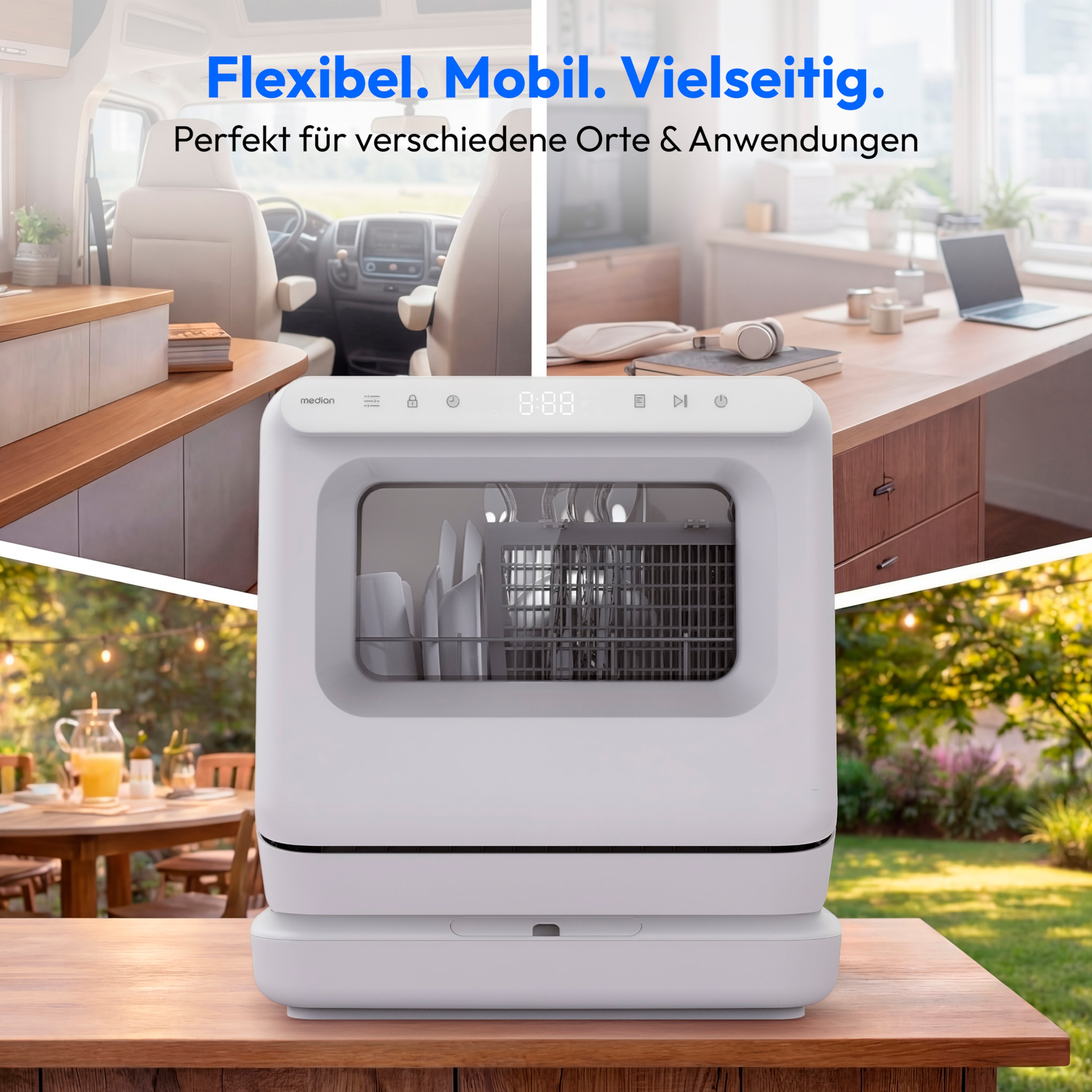 MEDION® LIFE Mini-Geschirrspüler DWT30 (MD370022), 3 Maßgedecke, 3-in-1 Betrieb mit Wassertank, 6 Programme, UV-Licht, Lüfter-Trocknung, LED-Touch-Display