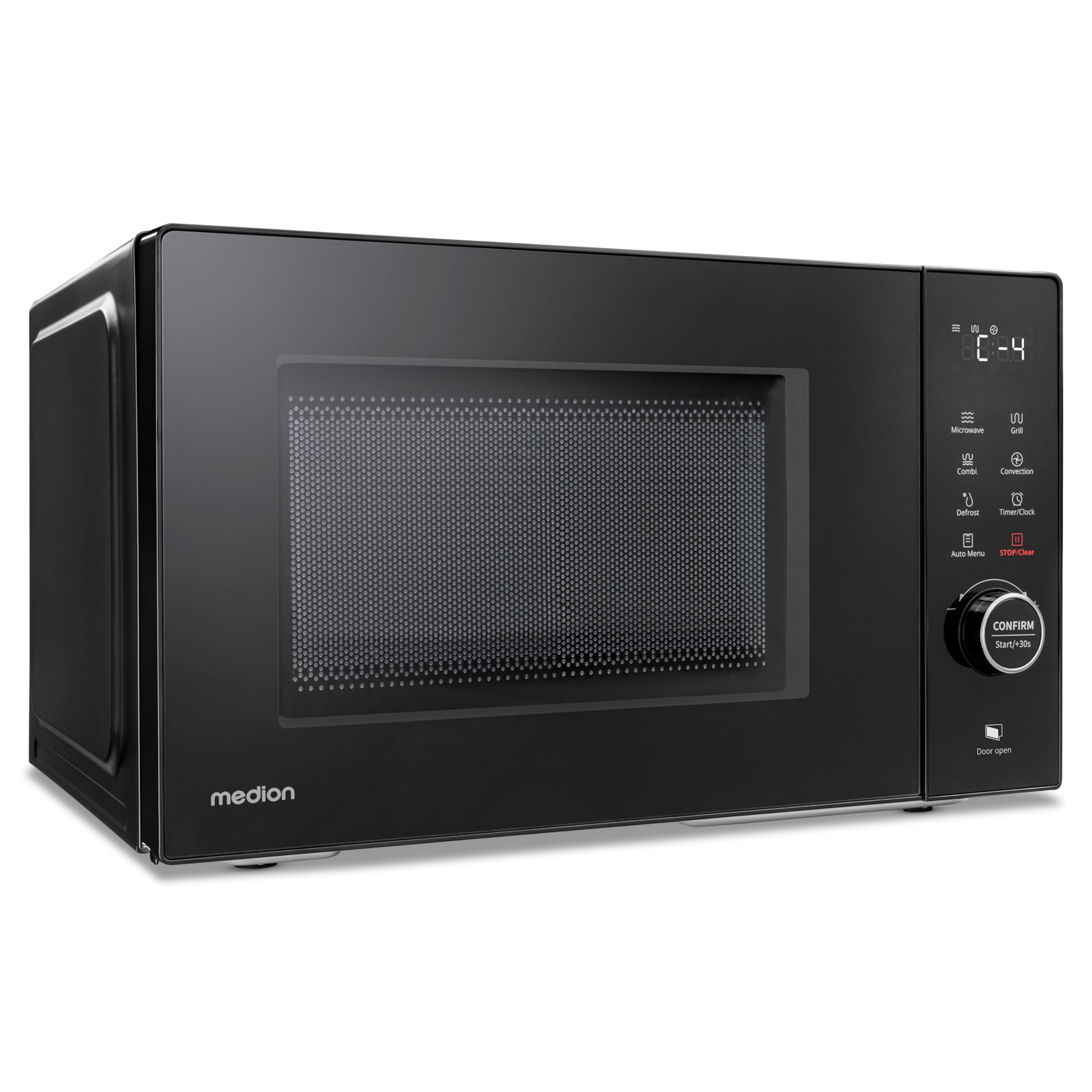 MEDION® LIFE® 3 in 1 Mikrowelle MD12031, 900 Watt Mikrowellenleistung, 1000 Watt Grillleistung, 1680 Watt Heißluftfunktion, Sensor-Touch-Türöffnung, 11 Automatikprogramme, 23 L Kapazität, 5 Leistungsstufen, digitaler 95 min. Timer, Auftaufunktion
