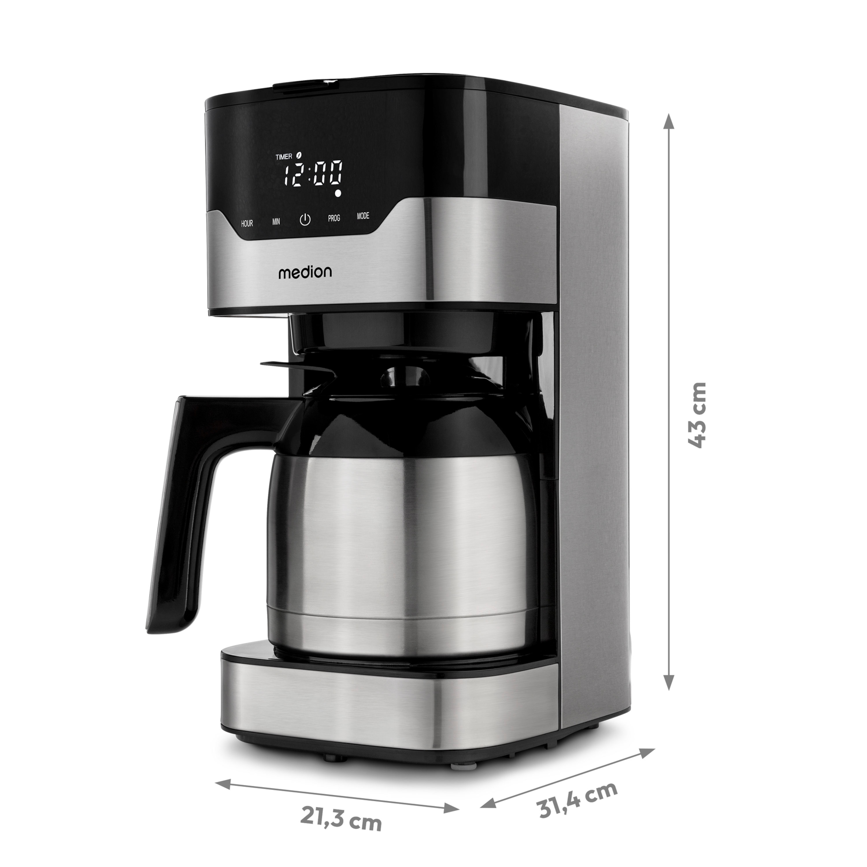 MEDION® LIFE® Kaffeemaschine mit Thermoskanne MD 18458, Timer-Funktion, Tropf-Stopp, 900 Watt, 1,1 Liter Fassungsvermögen, Aromawahlschalter