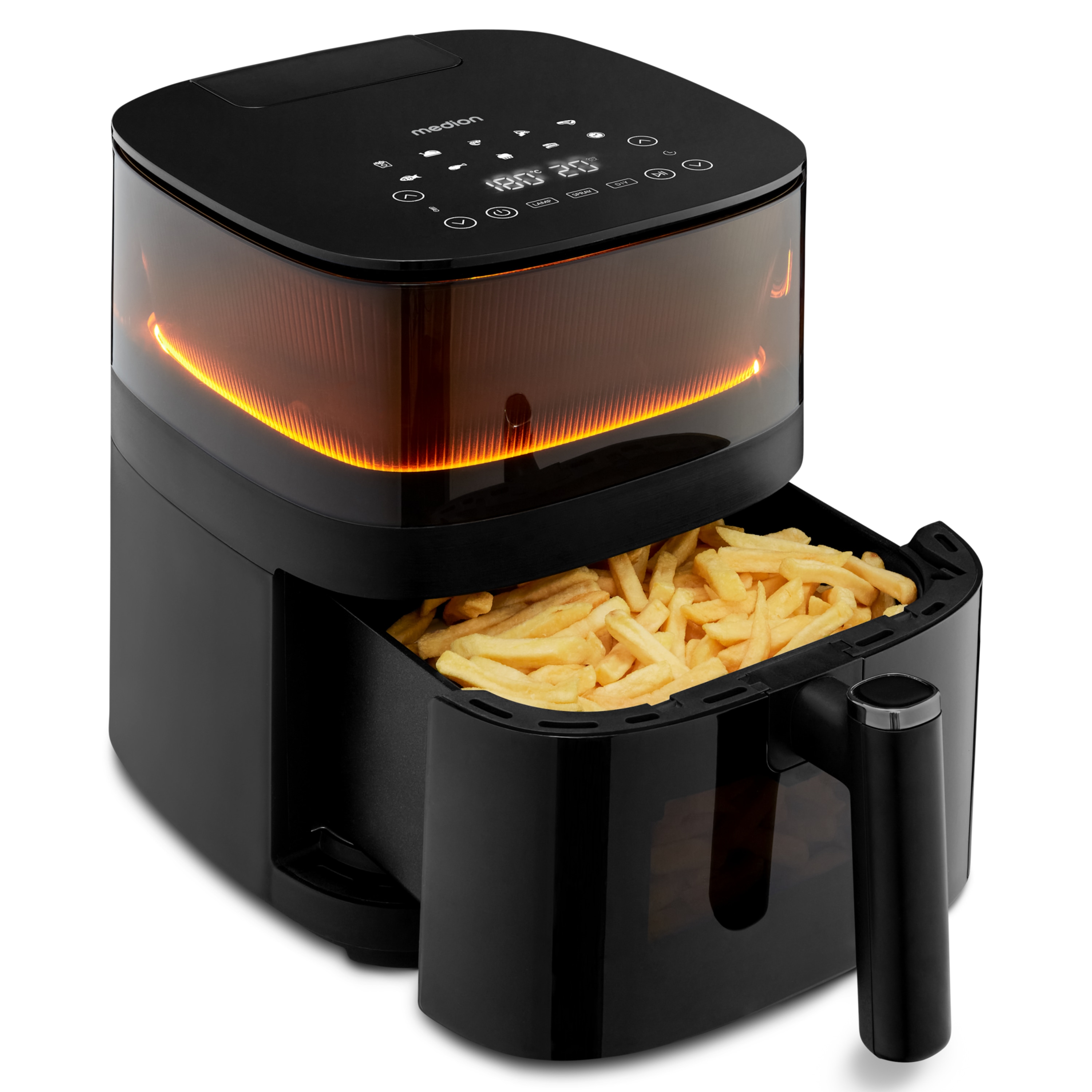 MEDION® LIFE X10 XL Heißluftfritteuse MD 11780, 100 Rezepte in der Life+ App, innovative Wassersprayfunktion, 10 Automatikprogramme, ca. 5 L Korbvolumen, Temperatur einstellbar bis 230 °C