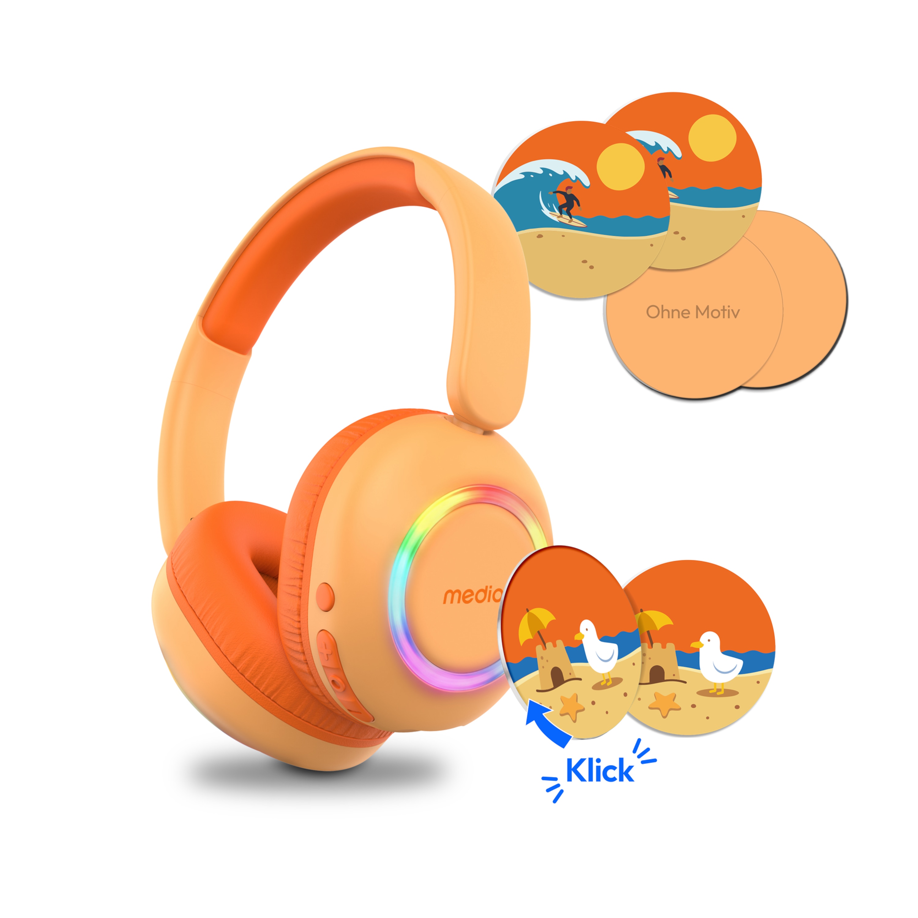 MEDION® LIFE HE-1 Kids Bluetooth Kinderkopfhörer, 3-stufiger Gehörschutz, bis zu 85 Std. Akkulaufzeit, MP3-Player, Bluetooth 5.4, AUX & microSD, LED-Lichtring, austauschbare Designs