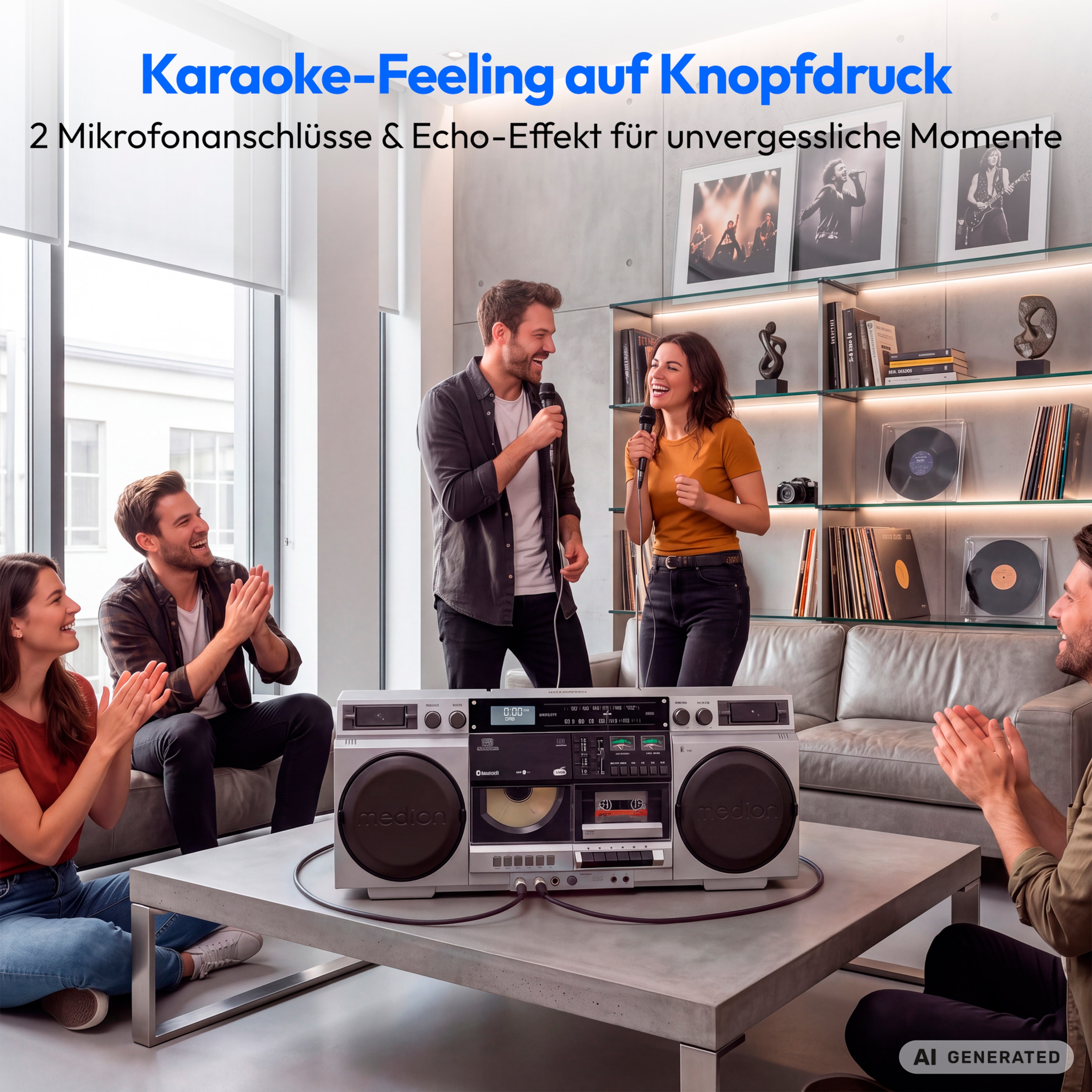 MEDION® LIFE P66538 Retro-Boombox silber, DAB+/PLL-UKW Radio, Bluetooth® 5.3 für das Abspielen von Smartphone & Co, CD-Player, Kassettendeck, X-Bass Funktion, 2 x 10 W RMS