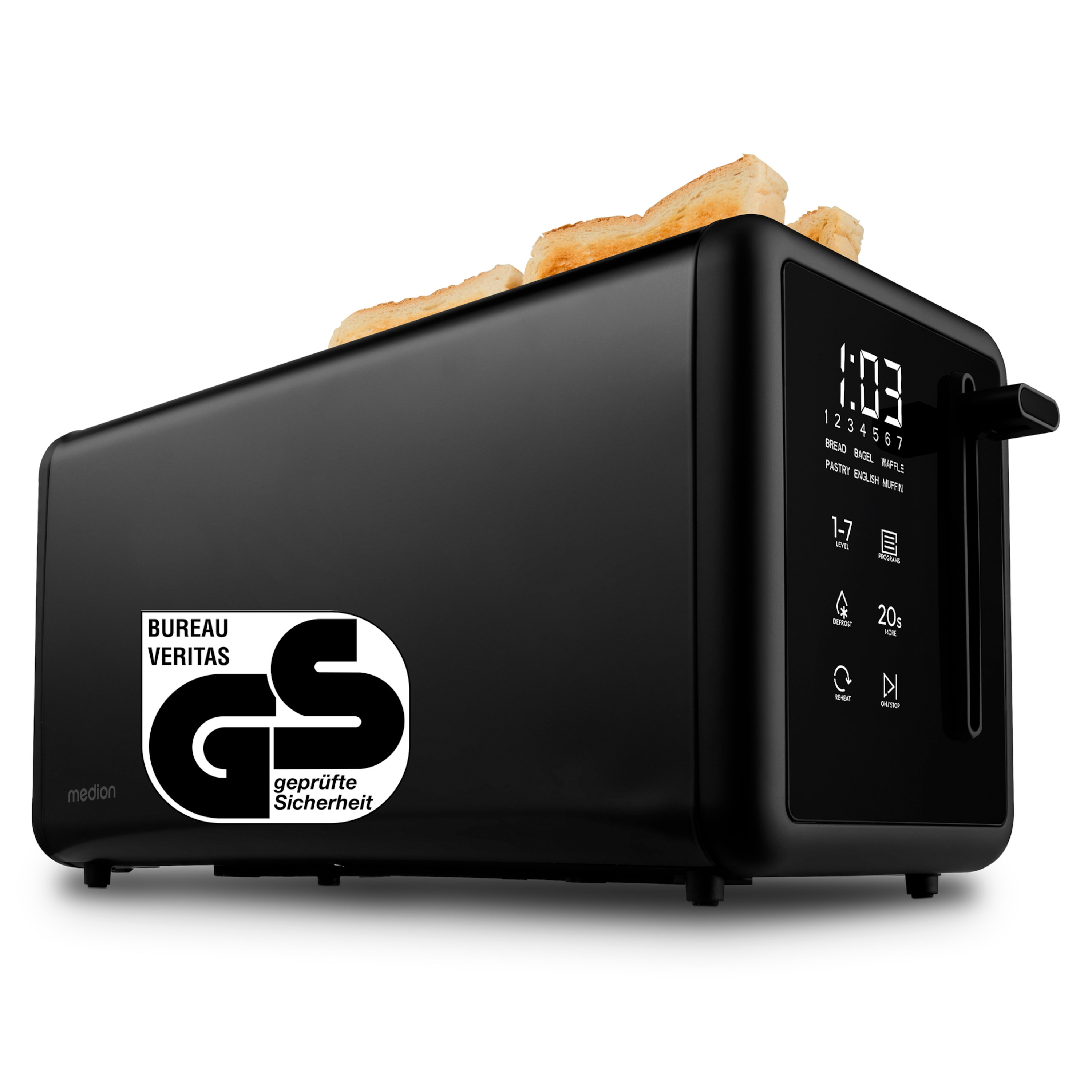 MEDION® MEDION LIFE Toaster MD12103, 2 lange Toastschlitze für bis zu 4 Toasts, LED Sensor-Touch-Display, 7 Bräunungsstufen und 5 Automatikprogramme