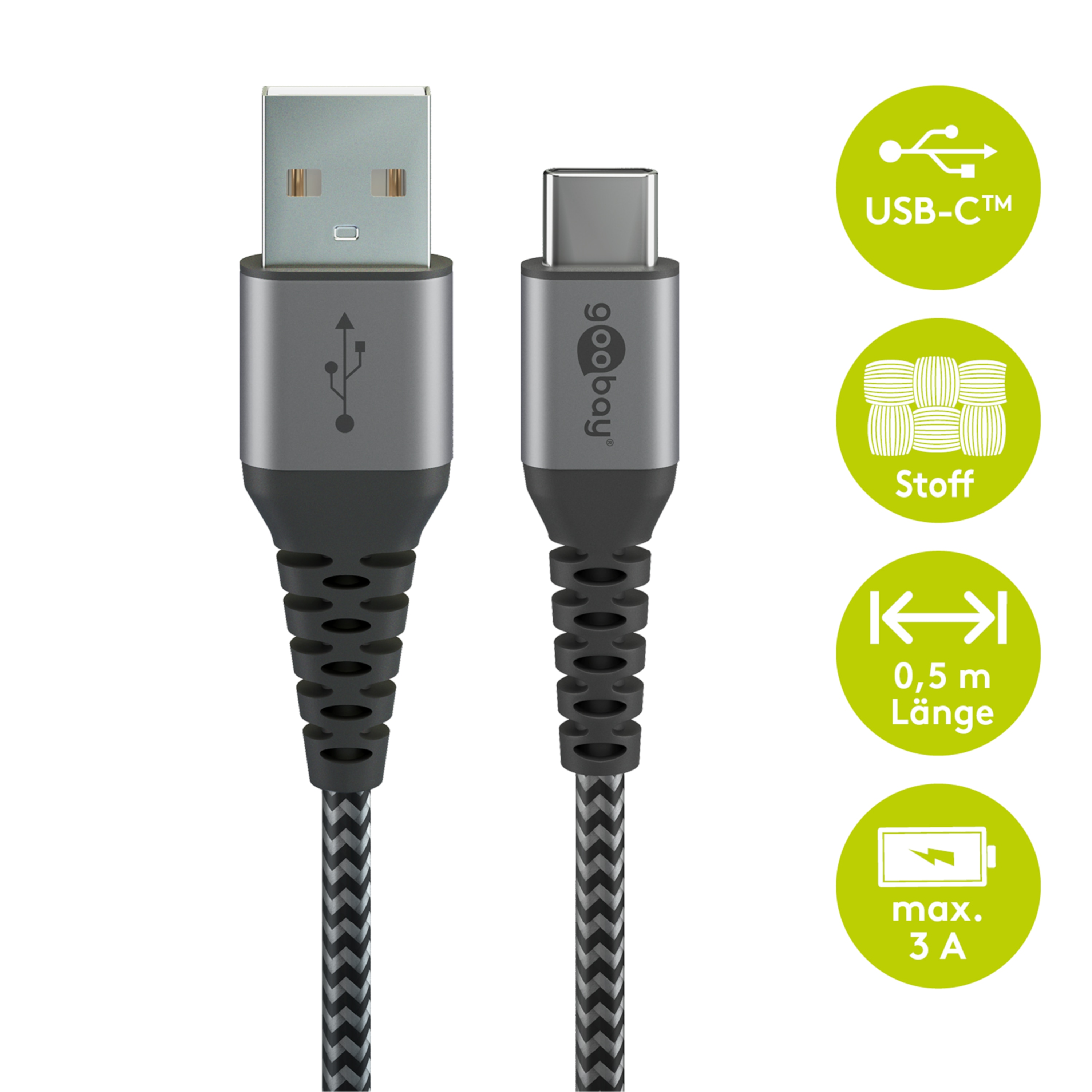 WENTRONIC USB-C auf USB-A Textilkabel mit Metallsteckern, elegantes und extra robustes Verbindungskabel, für Geräte mit USB-C Anschluss