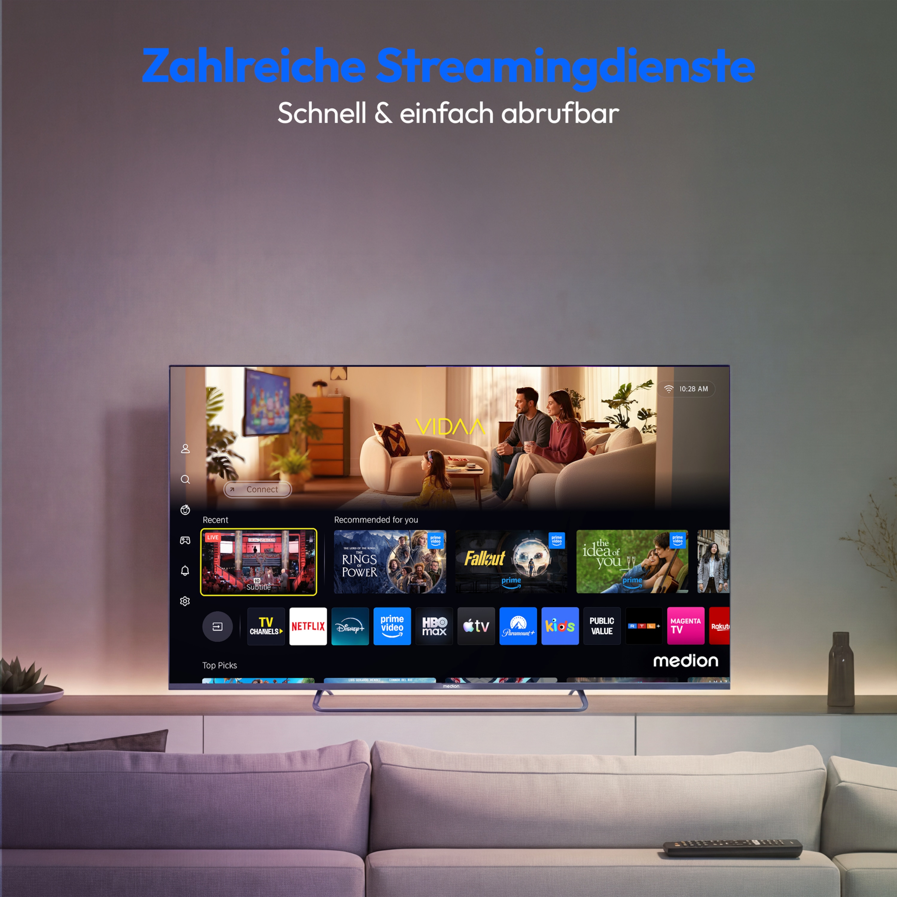 MEDION® LIFE MD 850602 QLED Smart-TV (2026), 125,7 cm (50'') Ultra HD Display, HDR, Dolby Vision®, MEMC, Bluetooth®, PVR ready, HBO Max, MagentaTV, NETFLIX, Prime Video, Disney+, DAZN, Paramount+ App, VIDAA App Store, Dolby Atmos®
