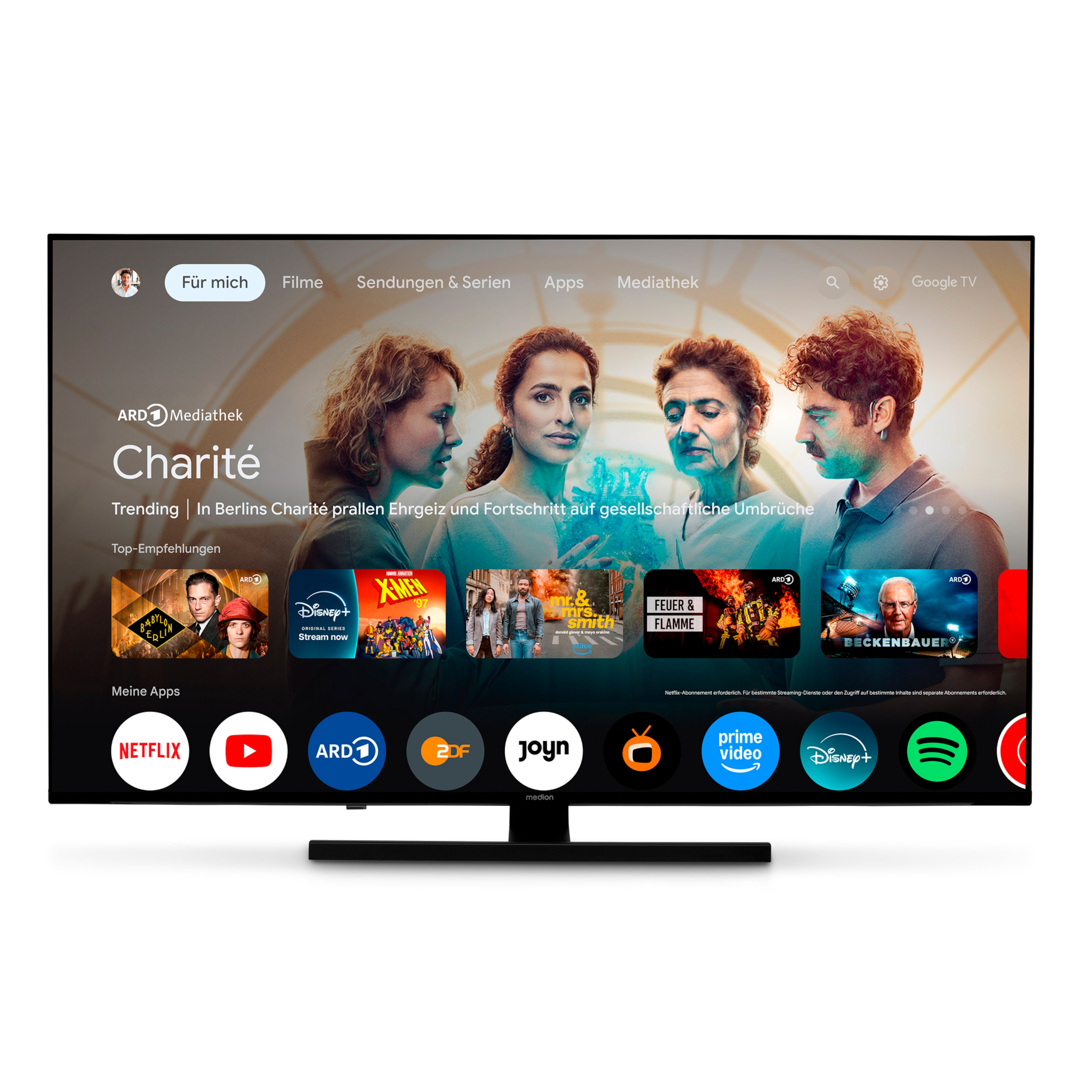 MEDION® LIFE® X8652505 (MD 865700) QLED Google TV™, 163,9 cm (65'') Ultra HD, HDR, Dolby Vision®, MEMC, PVR ready, Netflix, Amazon Prime Video, Bluetooth®, Dolby Atmos, DTS Virtual X, DTS X, HD Triple Tuner, CI+ Schnittstelle