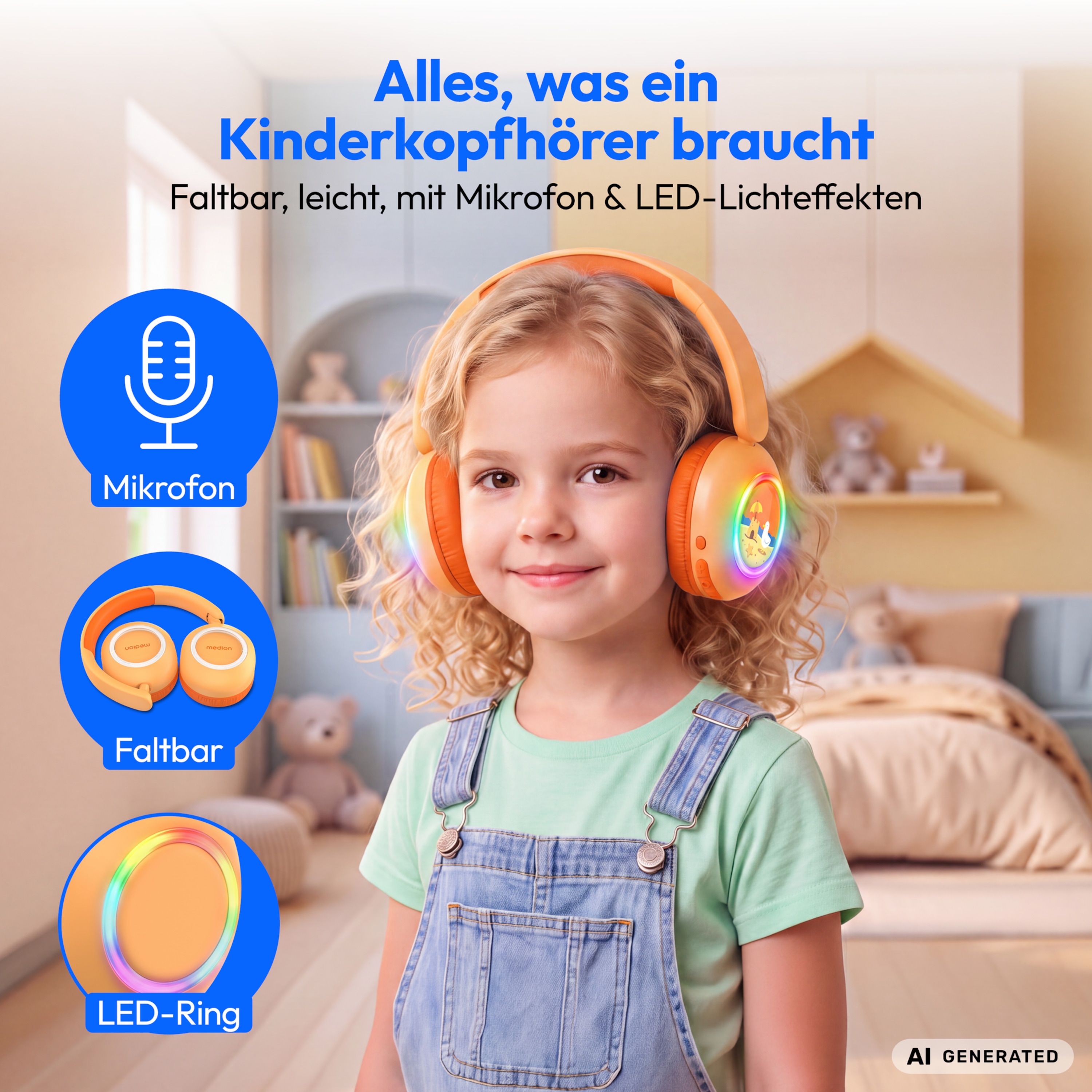 MEDION® LIFE HE-1 Kids Bluetooth Kinderkopfhörer, 3-stufiger Gehörschutz, bis zu 85 Std. Akkulaufzeit, MP3-Player, Bluetooth 5.4, AUX & microSD, LED-Lichtring, austauschbare Designs