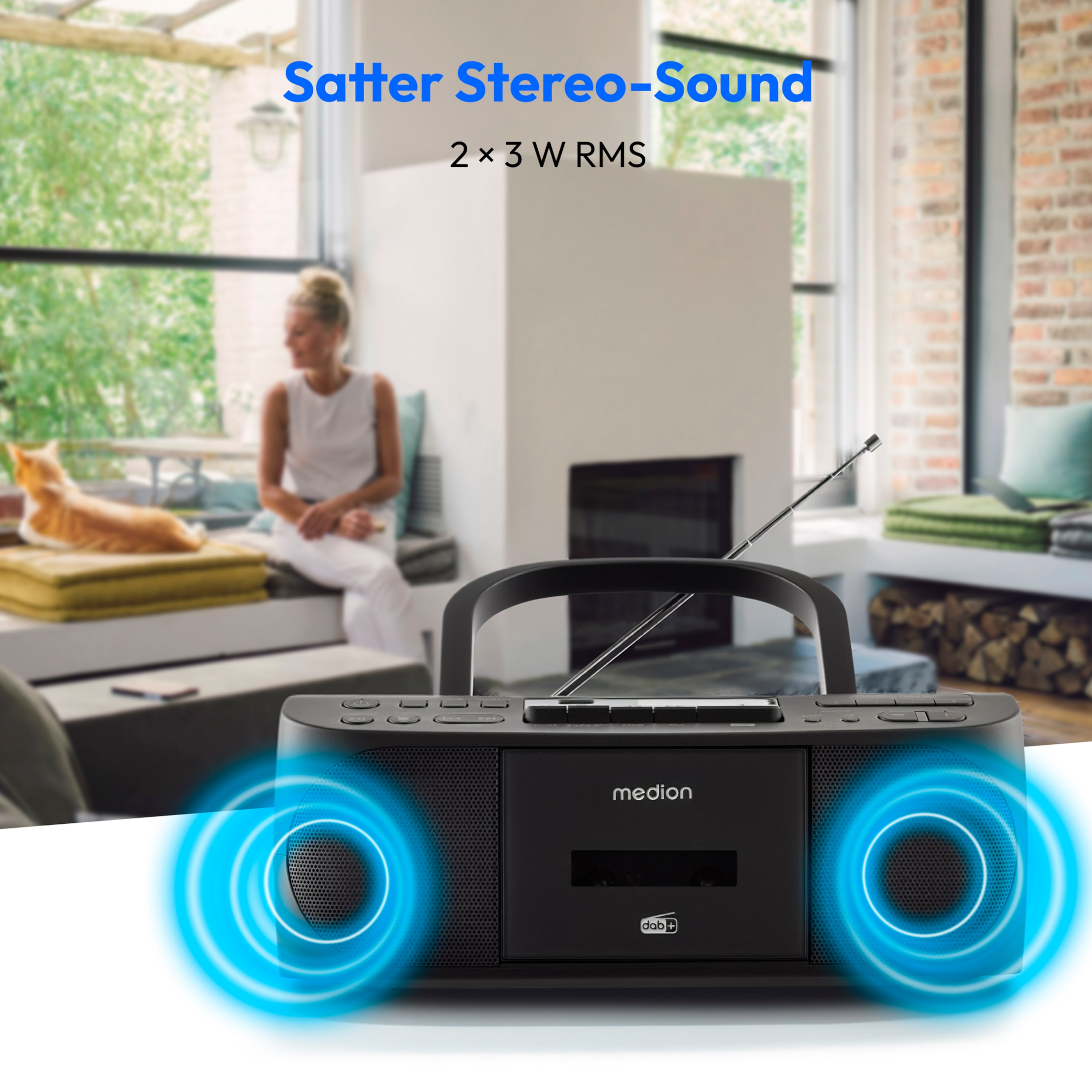 MEDION® LIFE® DRX-1 Plus Boombox, DAB+/PLL-UKW-Stereo Radio, Bluetooth® 5.4, CD-Kassetten-Radio mit MP3-Wiedergabe, USB Anschluss, CD-R/RW kompatibel, AUX-In, 2 x 3 W RMS