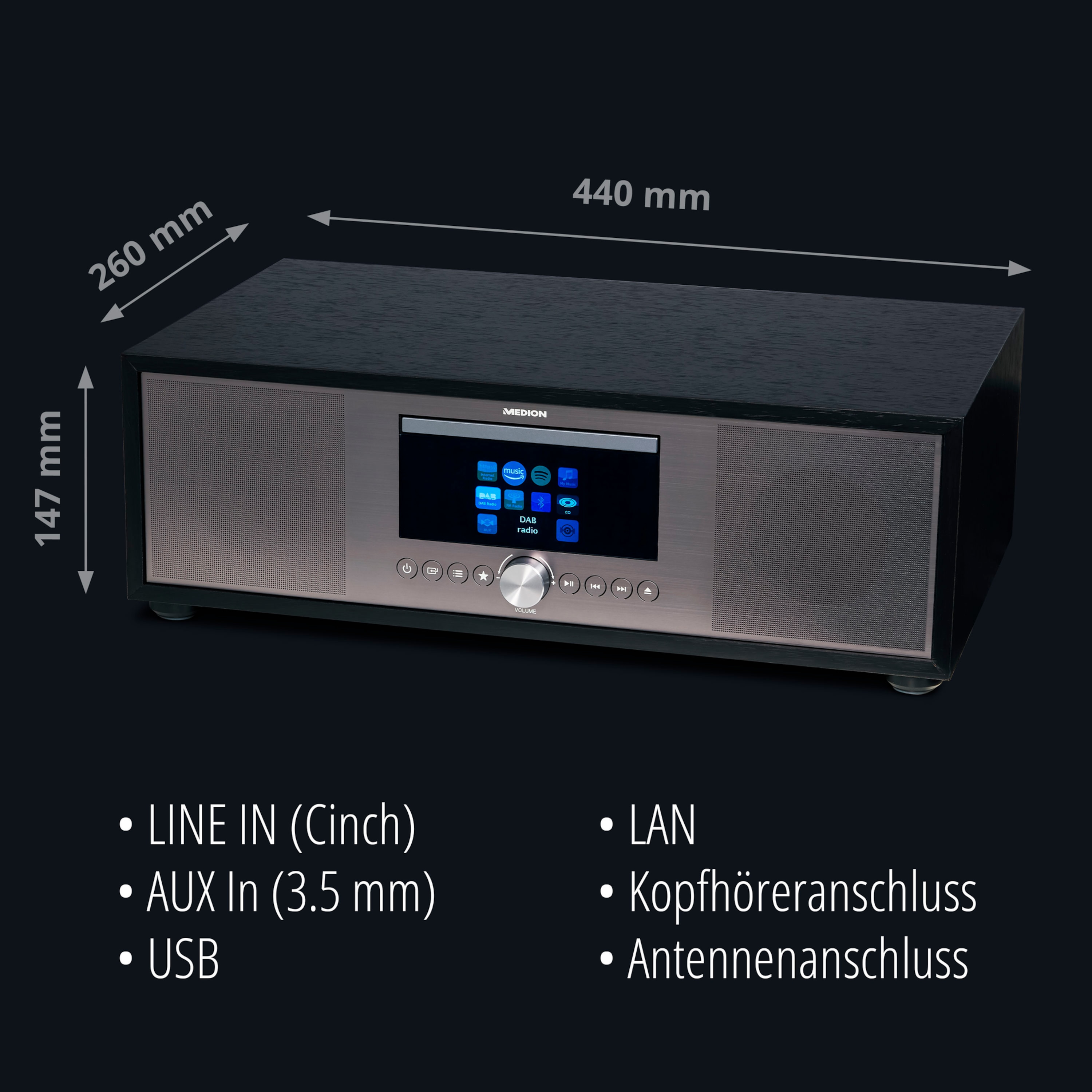 MEDION® LIFE® P66024 All-in-One Audio System, LCD-Display 7,1 (2.8''), Internet/DAB+/PLL-UKW Radio, CD/MP3-Player, Bluetooth® 5.0, DLNA,  2.1 Soundsystem, 2 x 20 W + 40 W RMS  (B-Ware)