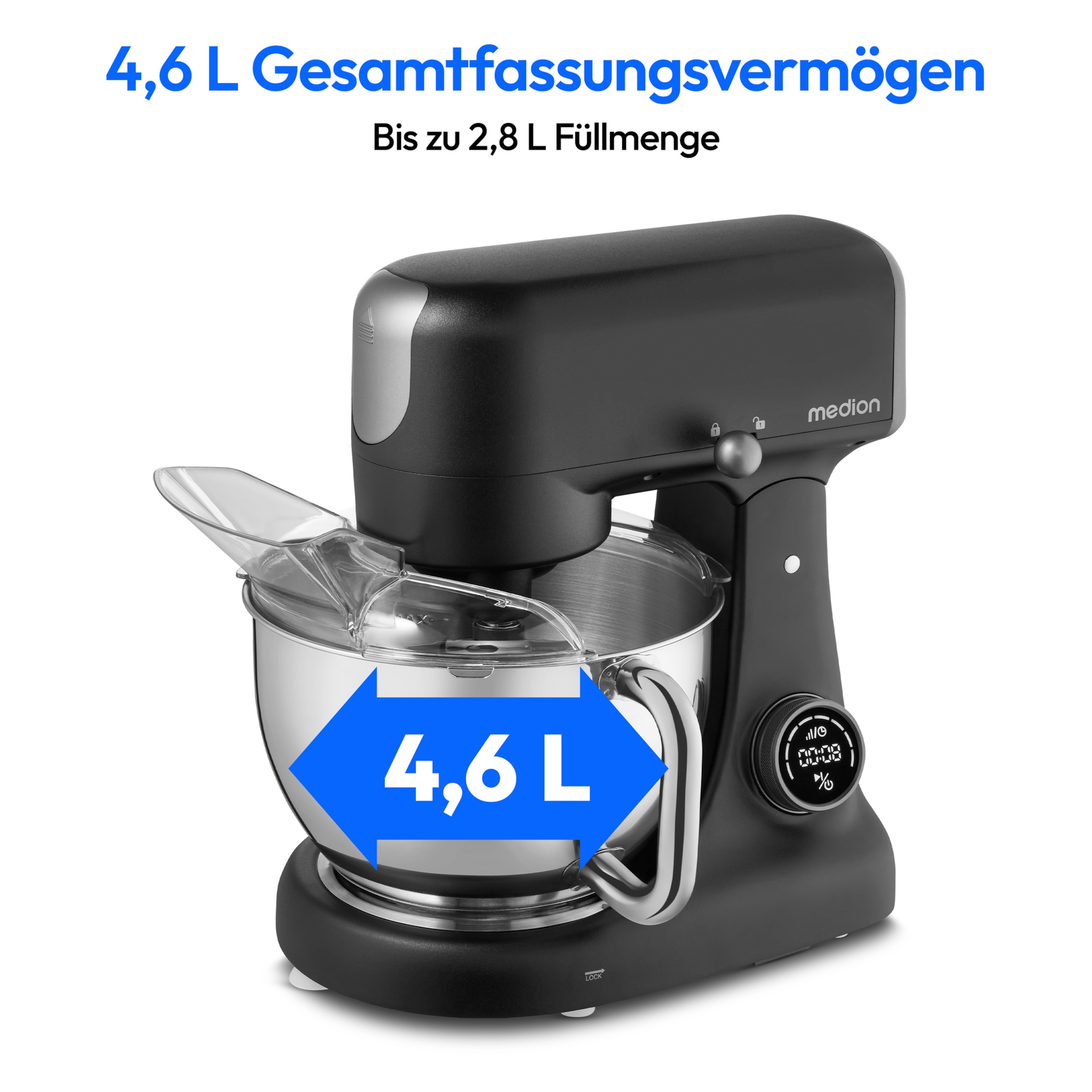 MEDION® LIFE Digitale Küchenmaschine MD12600, 800 W Gleichstrommotor, Energiesparend, Ultraleise, Digitales Sensor-Touch-Display, 4,6 L Edelstahlschüssel, Inkl. Fleischwolf