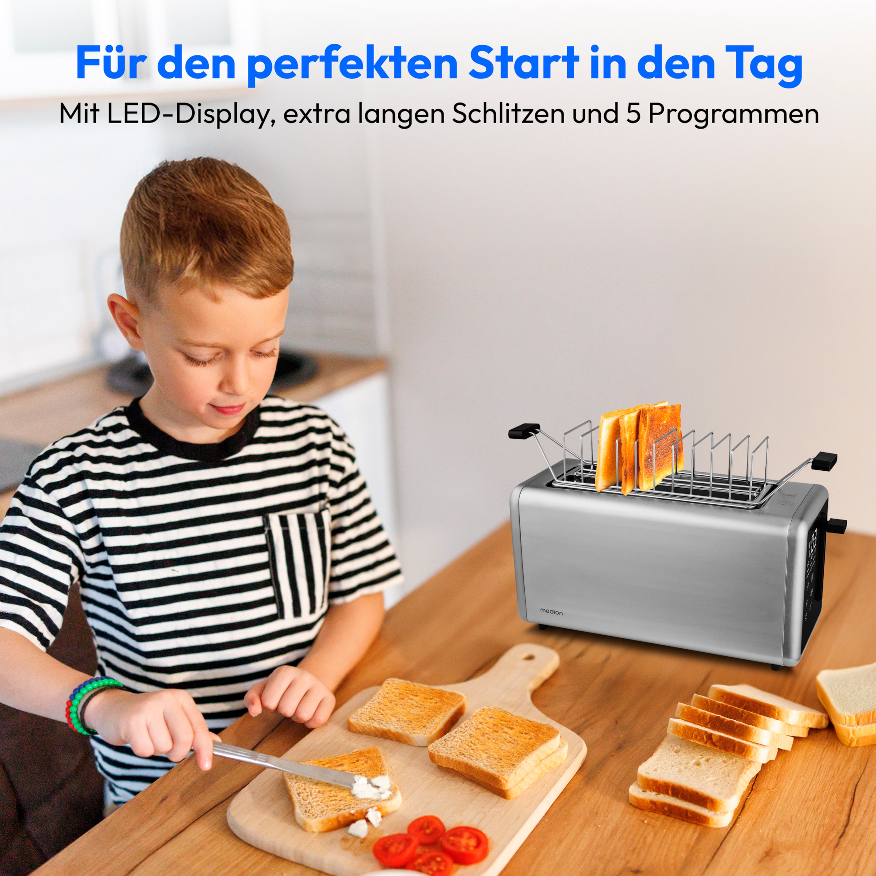 MEDION® MEDION LIFE Toaster MD12103, 2 lange Toastschlitze für bis zu 4 Toasts, LED Sensor-Touch-Display, 7 Bräunungsstufen und 5 Automatikprogramme