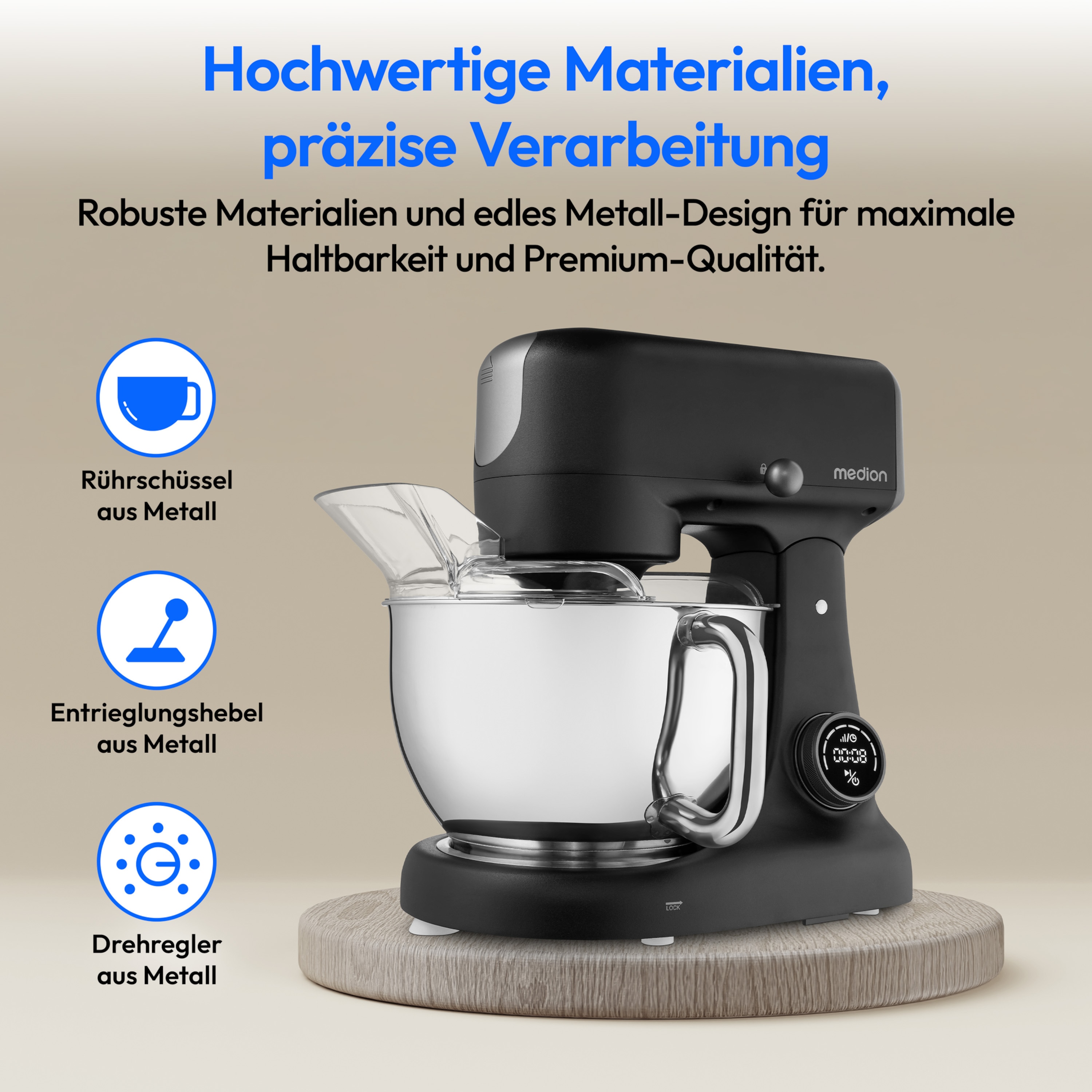 MEDION® LIFE Digitale Küchenmaschine MD12600, 800 W Gleichstrommotor, Energiesparend, Ultraleise, Digitales Sensor-Touch-Display, 4,6 L Edelstahlschüssel, Inkl. Fleischwolf