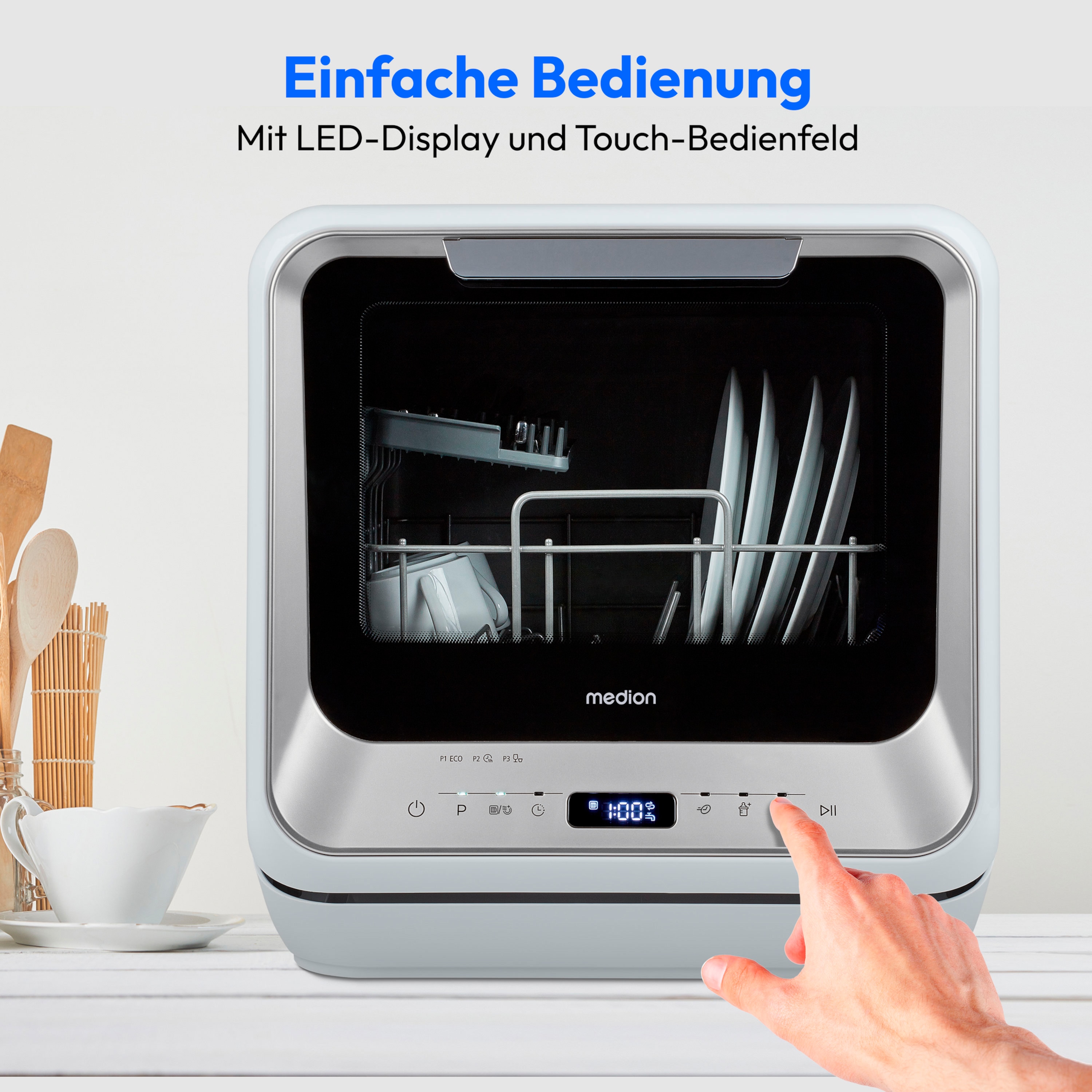 MEDION® LIFE® Mini-Geschirrspüler DWT20 (MD37763), für 2 Gedecke, 6 Reinigungsprogramme, Startzeitvorwahl