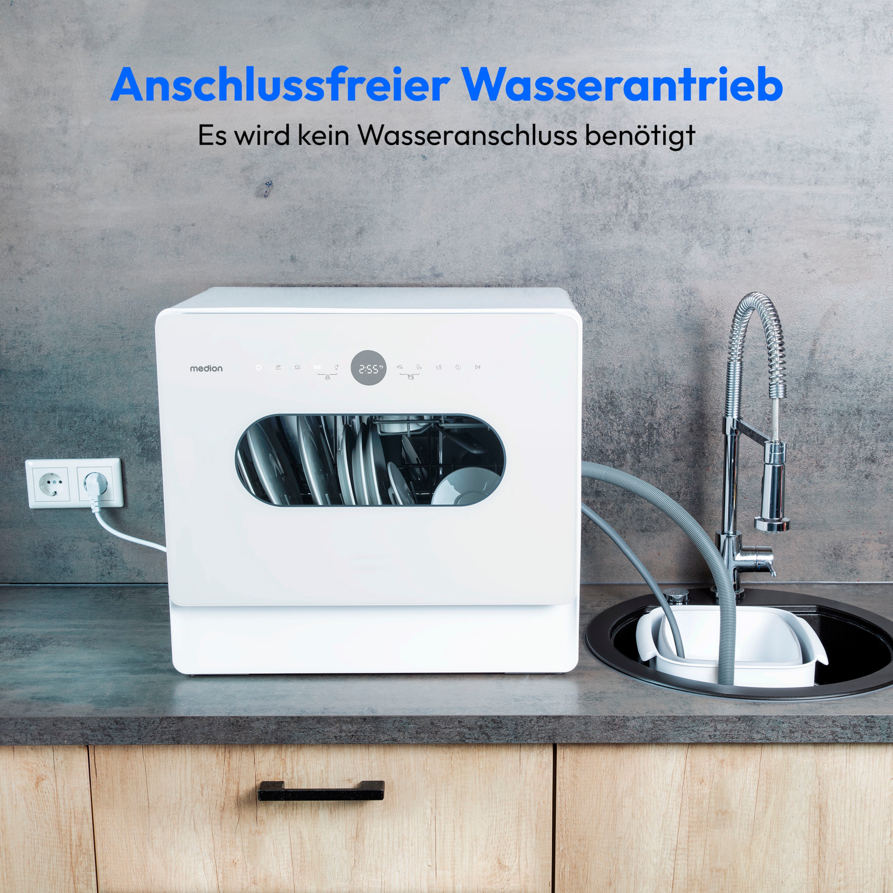 MEDION® LIFE® Tischgeschirrspüler DWT51 (MD 37766), 7 Reinigungsprogramme, Eimer-Funktion und Wasseranschluss, für 5 Gedecke, EasyFit Design, Touch-Bedienfeld, LED-Display