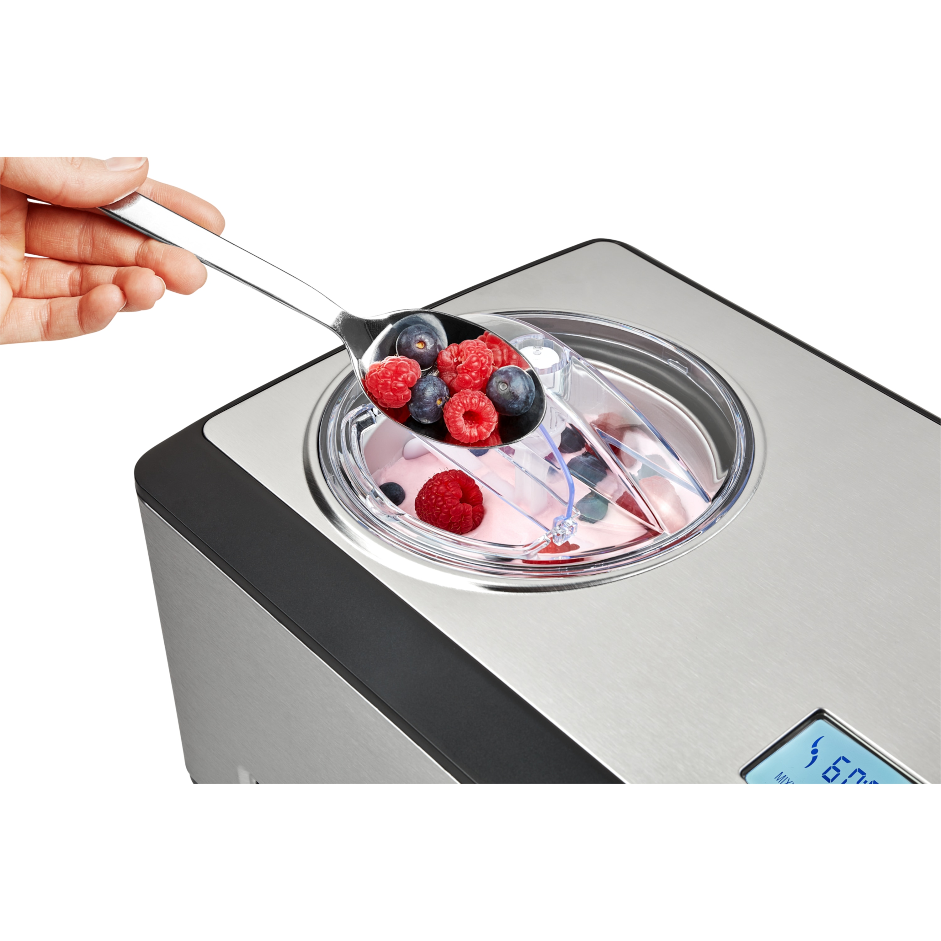 MEDION® Eismaschine   MD 18883, Kapazität für 2 L Eis (Füllmenge: 1,5 L), selbstkühlend mit Kompressor, geeignet für die Zubereitung von Eiscreme, Frozen Yoghurt & Sorbet, LC Display & Sensor-Touch-Bedienfeld