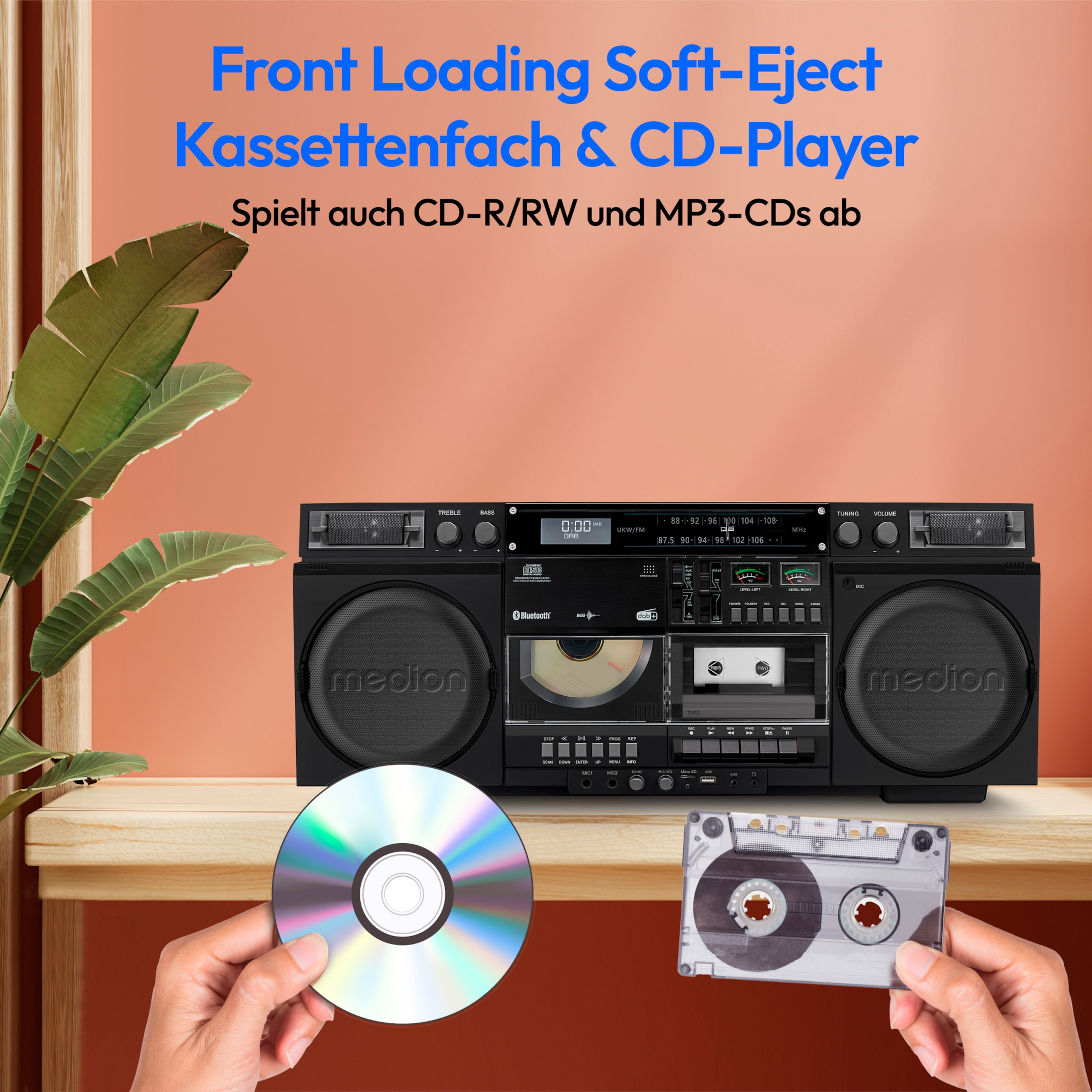 MEDION® LIFE® P66538 Retro-Boombox, DAB+/PLL-UKW Radio, Bluetooth® 5.3 für das Abspielen von Smartphone & Co, CD-Player, Kassettendeck, X-Bass Funktion, 2 x 10 W RMS