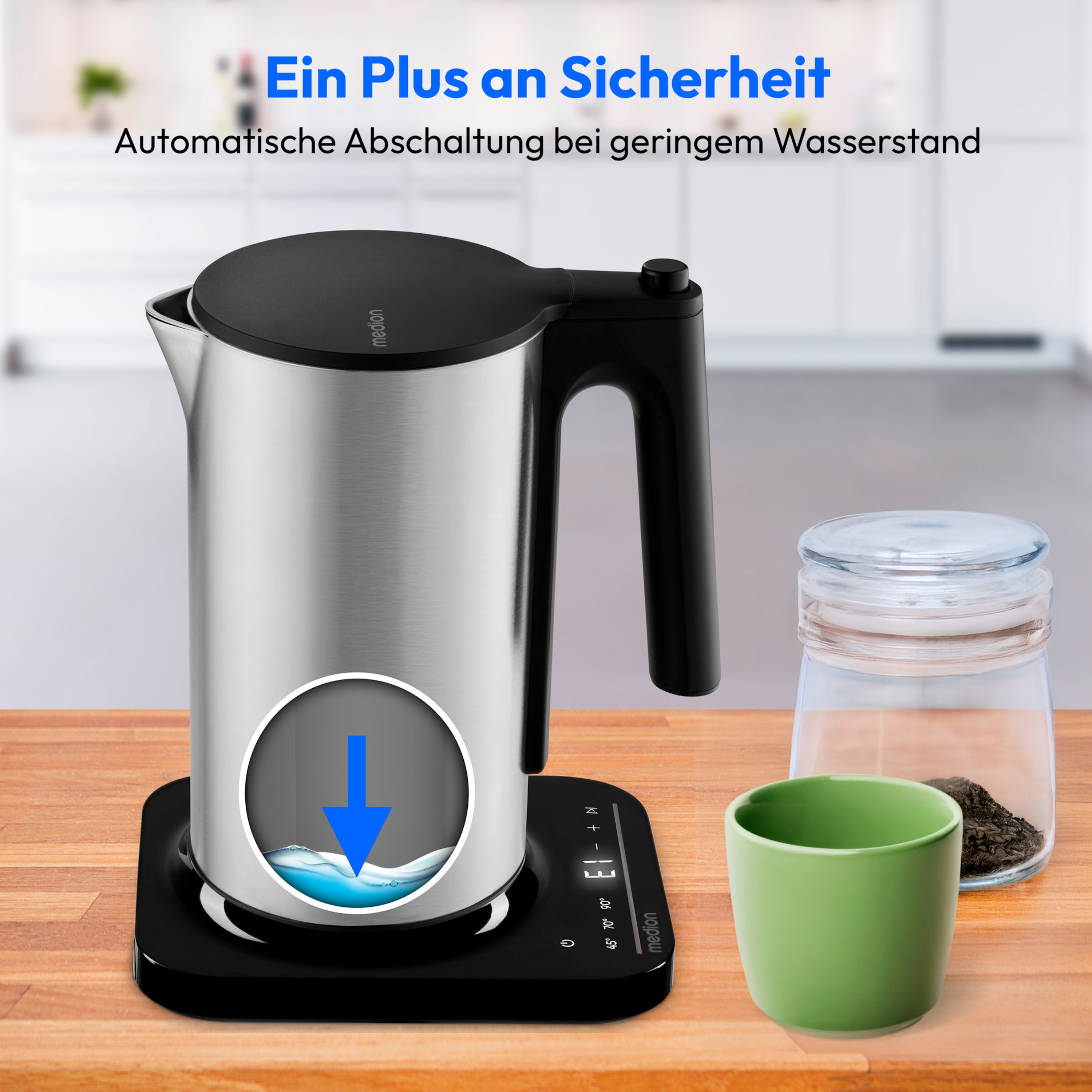MEDION® LIFE Digitaler Wasserkocher MD12106, 2.200 Watt Leistung, 1,5 Liter Kapazität, LED-Display, LED-leuchtbalken, automatische Programme, Kindersicherung