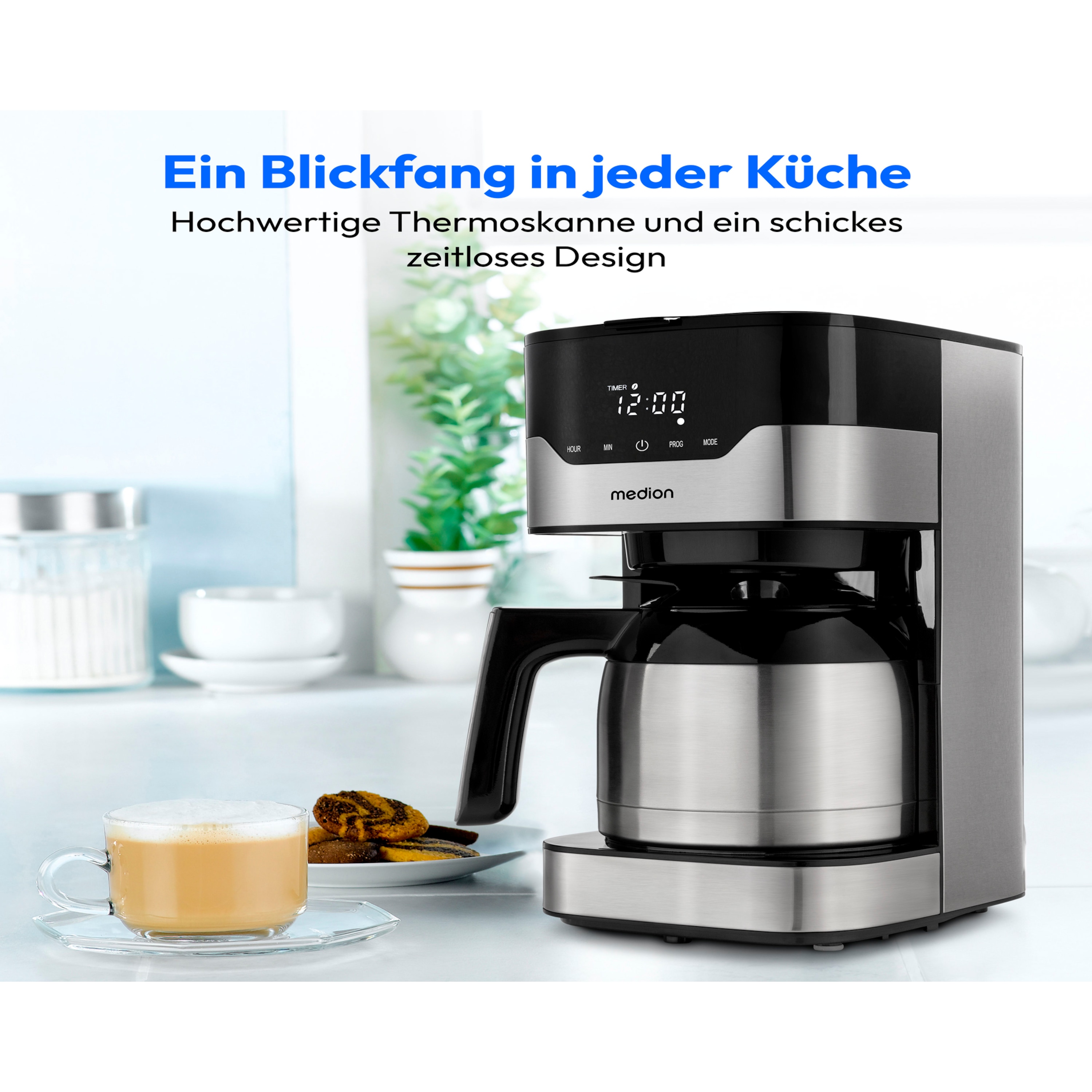 MEDION® LIFE® Kaffeemaschine mit Thermoskanne MD 18458, Timer-Funktion, Tropf-Stopp, 900 Watt, 1,1 Liter Fassungsvermögen, Aromawahlschalter