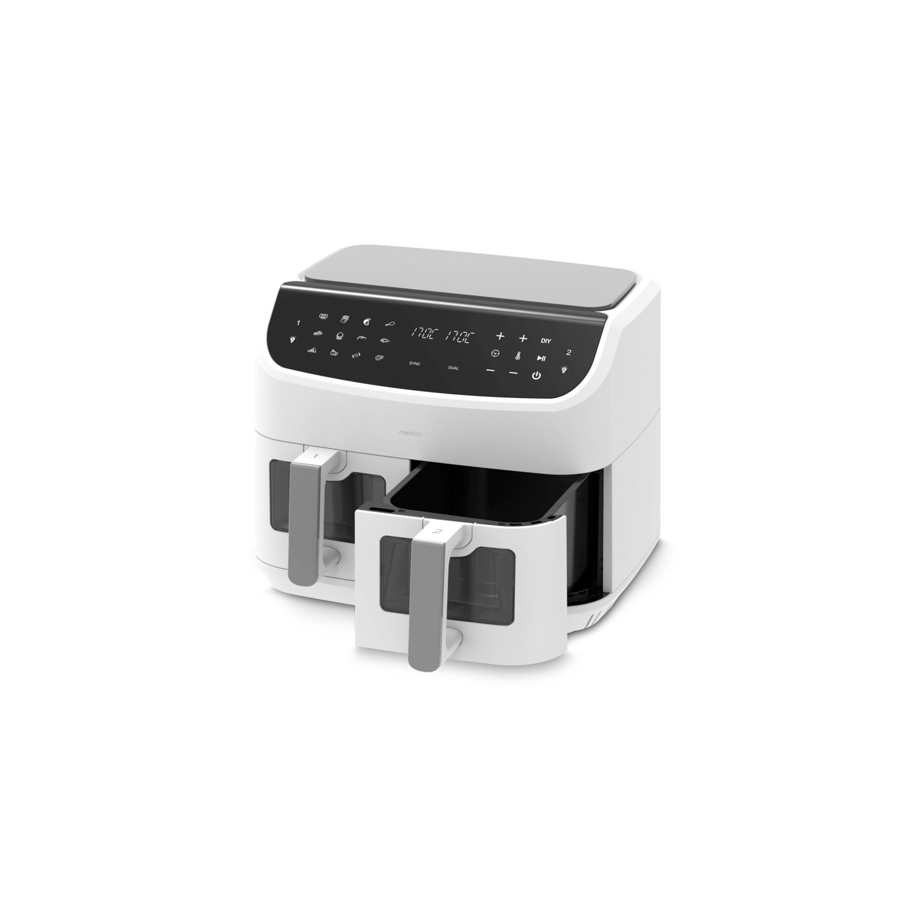 MEDION® LIFE® P20 XXL Twin Matt Doppelzonen-Heißluftfritteuse MD11760, 100 Rezepte in der Life+ App, 2 separate Garzonen, 9 Automatikprogramme, 8,7 L Gesamt-Nutzinhalt, 2.600 Watt, Temperatur einstellbar bis 200 °C